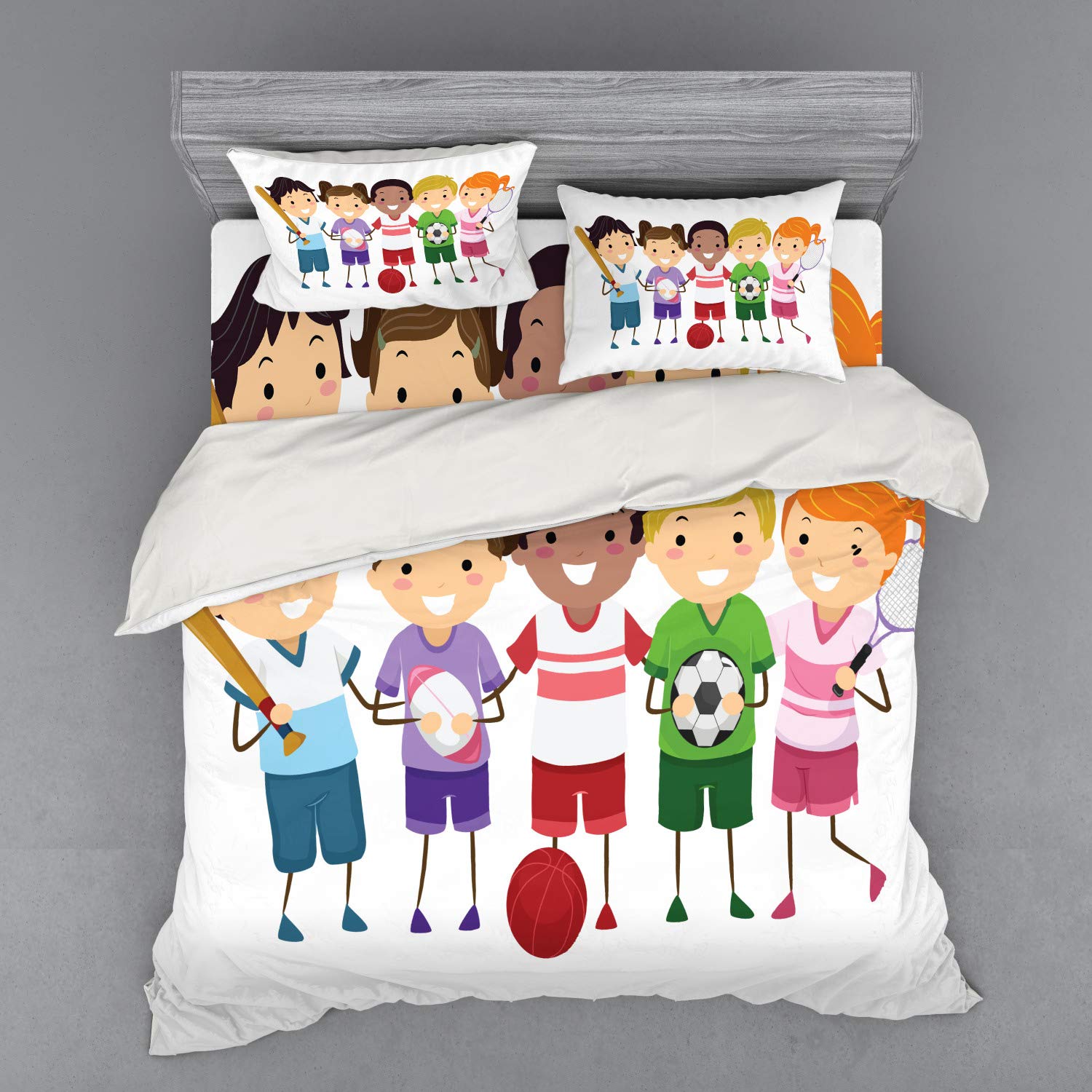 Ambesonne Sports Themed 3-Piece King Size Duvet Cover Set - Football Baseball Tennis Cartoon Design with Fitted Sheet & Sham - Perfect for Kids' Rooms, Sports Enthusiasts, and Game Day Decor (Multicolor)