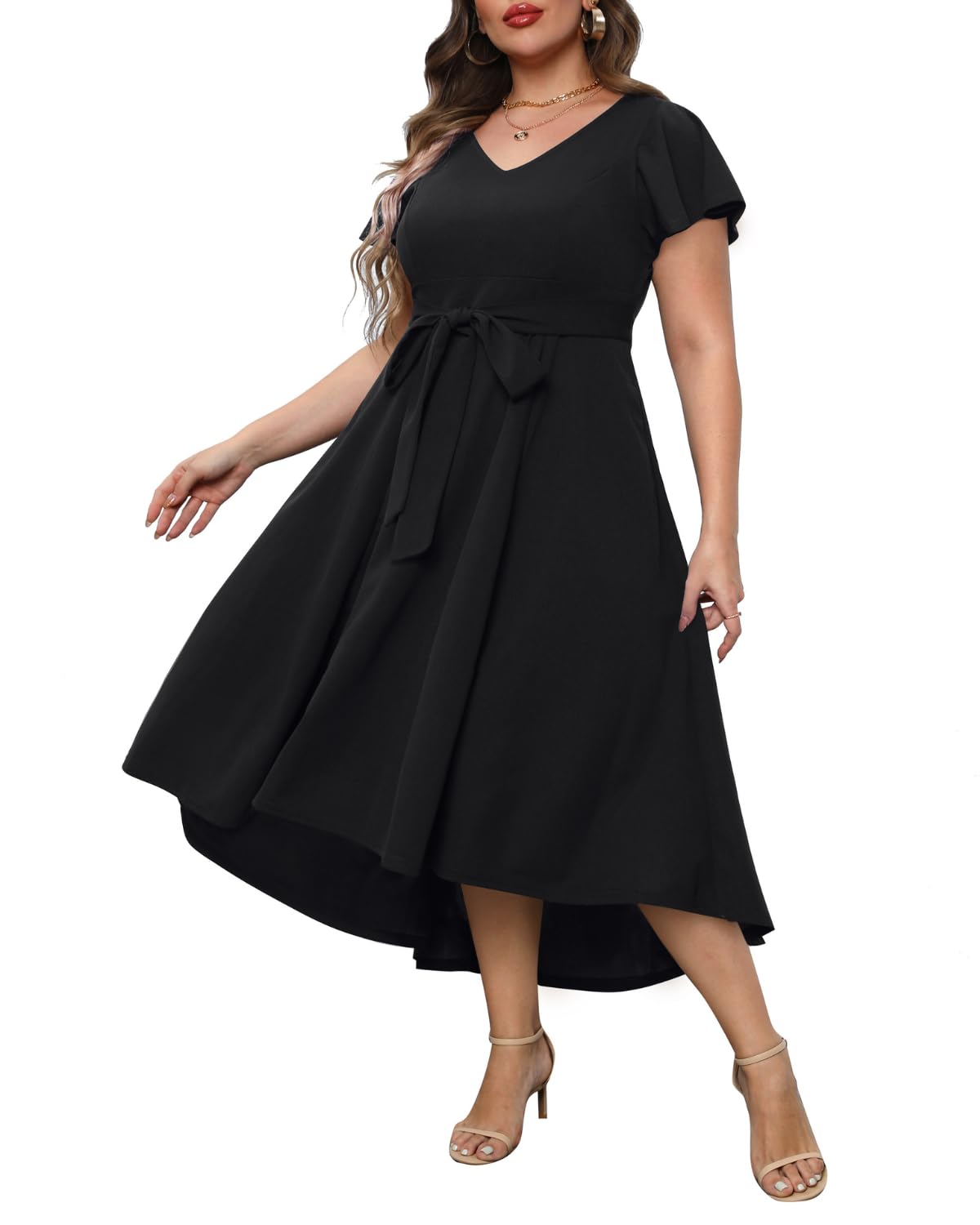 Elegant Plus Size Wedding Guest Dress with Flutter Sleeves & Pockets - Formal Cocktail Party High-Low Dress for Women | Perfect for Bridal Showers, Evening Events & Special Occasions