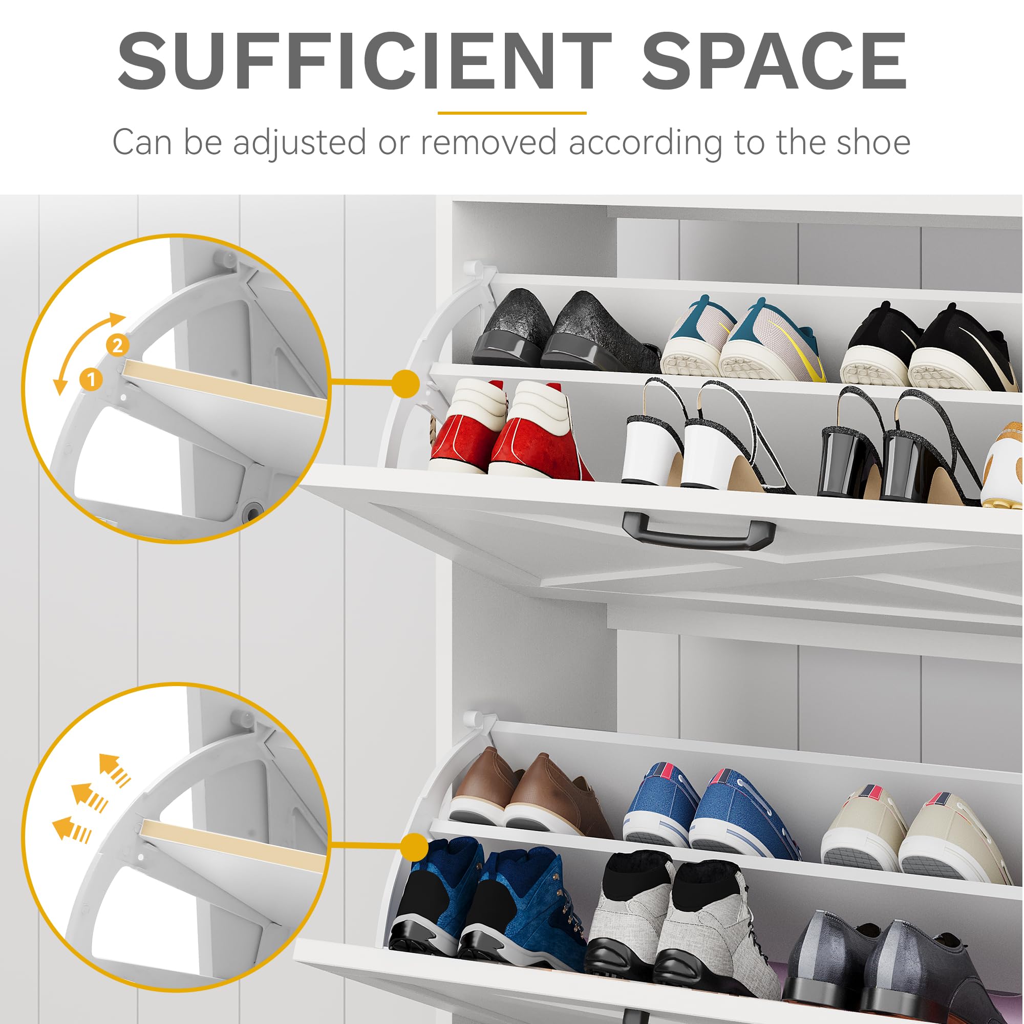 DWVO Farmhouse Shoe Storage Cabinet with 2 Flip Drawers - Holds 16 Pairs of Shoes, Entryway Organizer with Bench Seat | Slim Narrow Design for Hallway, Living Room & Entry | Perfect for Small Spaces & Home Organization (White)