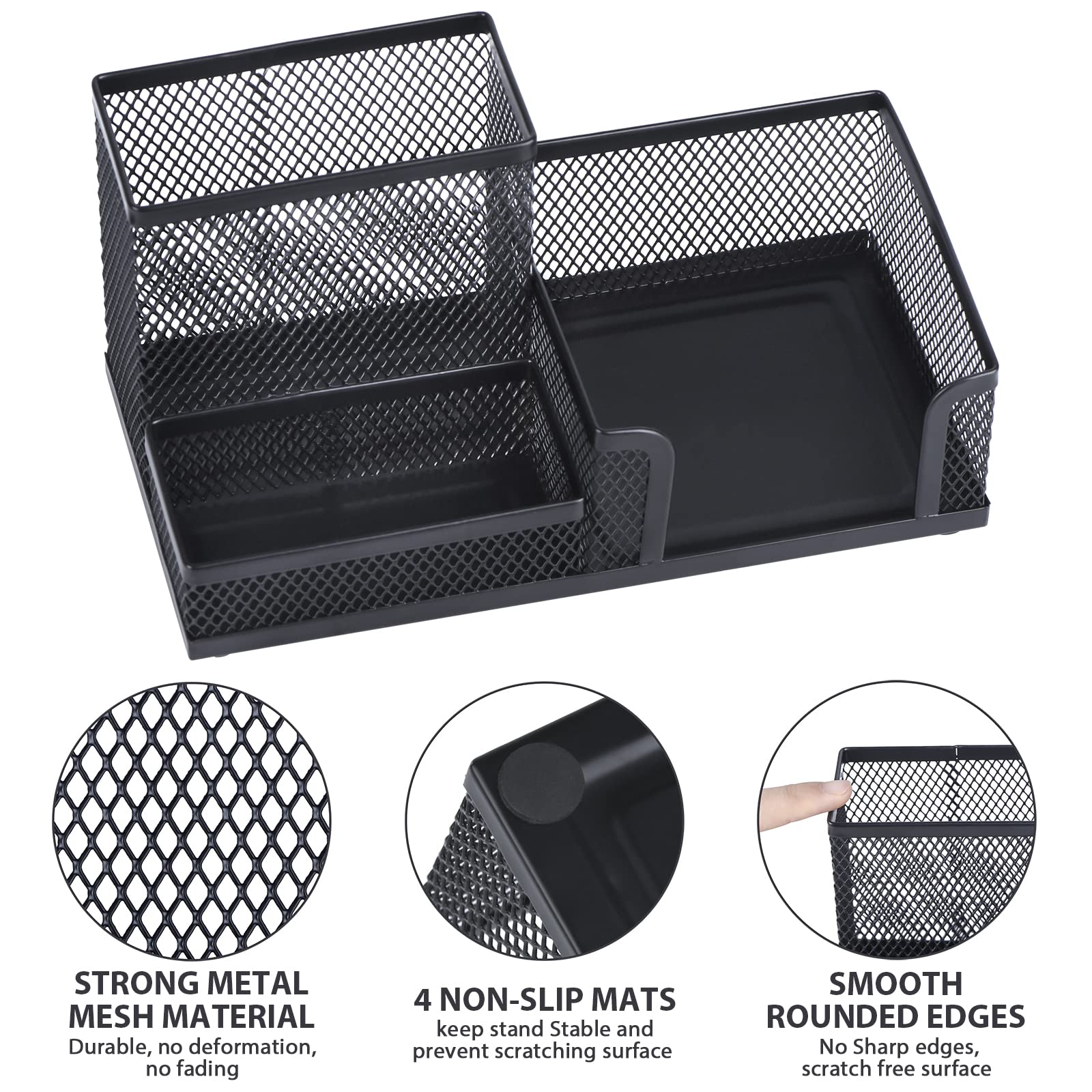 2-Pack Black Mesh Metal Pen Holder for Desk - Pencil Cup, Marker Organizer with Sticky Notes Holder - Perfect for Office, School, Home & Workspace Organization (Desk Caddy, Office Supplies)