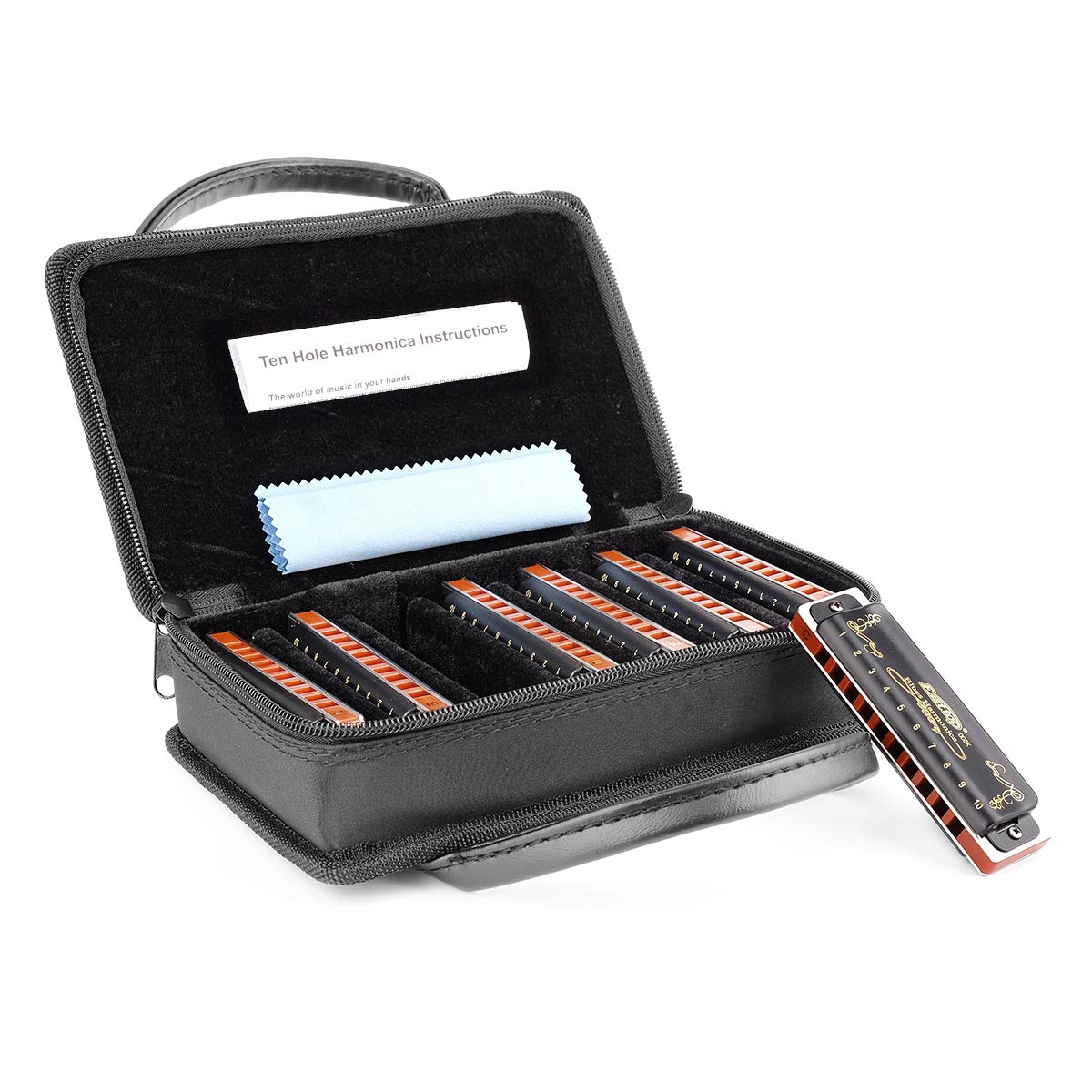 Easttop Professional 10 Hole 20 Tone Harmonica Set - 7 Keys (A,B,C,D,E,F,G) with Protective Case, Cleaning Cloth - Perfect for Adults, Beginners & Professional Players - Durable Black Design for Live Performances, Studio Recording & Music Practice