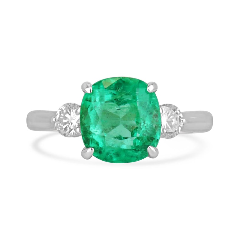 4.10tcw 14K White Gold Cushion Cut Emerald & Round Diamond Three Stone Engagement Ring for Women - Perfect for Proposals, Anniversaries & Special Occasions