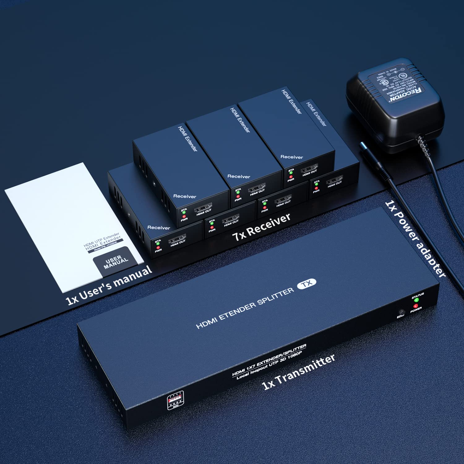 Premium 1x7 HDMI Extender Splitter - 1080P@60Hz Over Cat5e/6/7 Ethernet Cable (50m/164ft) with EDID Copy & POC Function | Supports 7 Displays Simultaneously | Ideal for Home Theater, Conference Rooms & Digital Signage