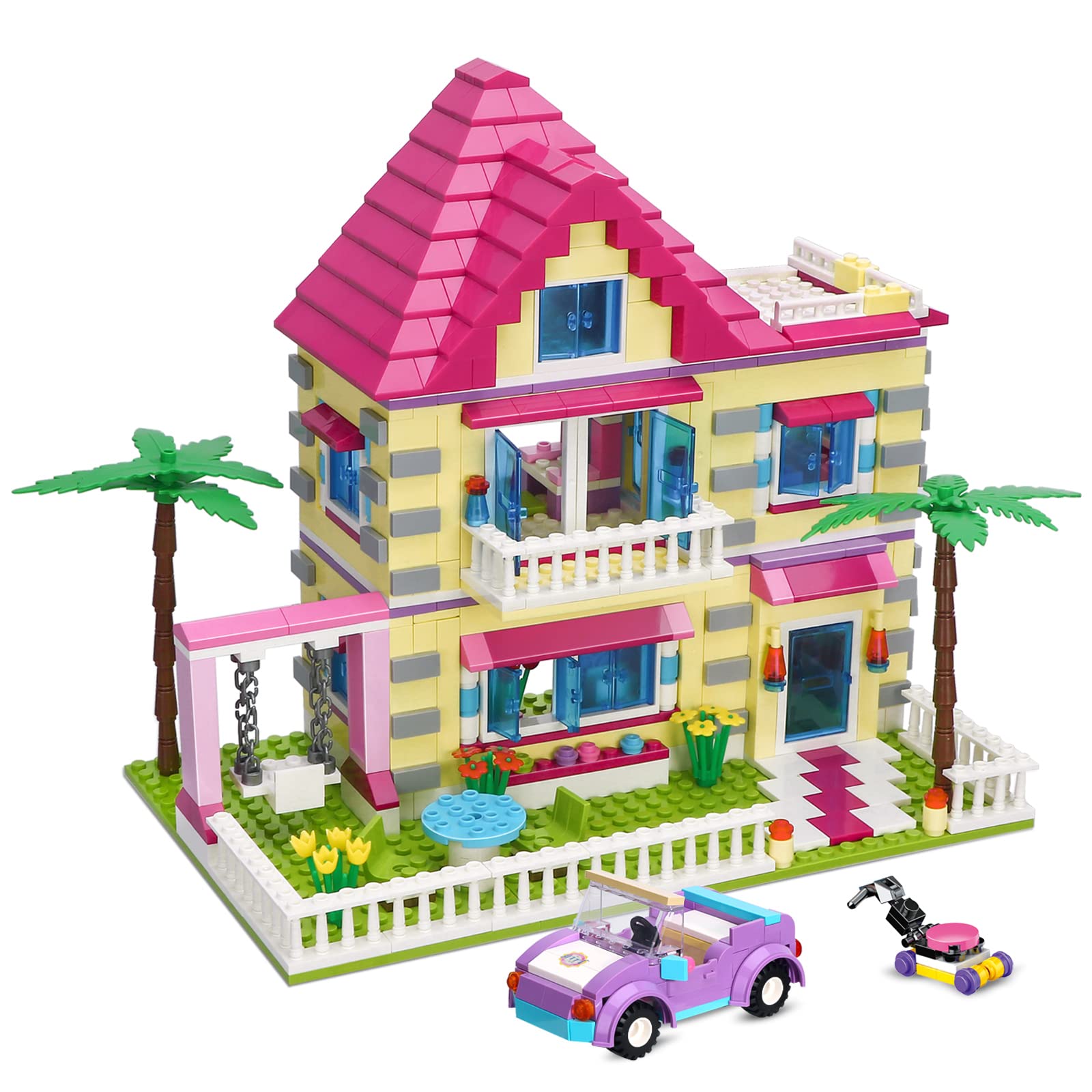 **BRICK STORY Girls Friends House Building Kit - 892 PCS Big Villa Building Blocks, City Family Beach House Model Toy Set with 4 Mini Figures & Car - Creative Play for Kids Ages 6+ | Perfect for Indoor Play, Birthday Gifts & STEM Learning**