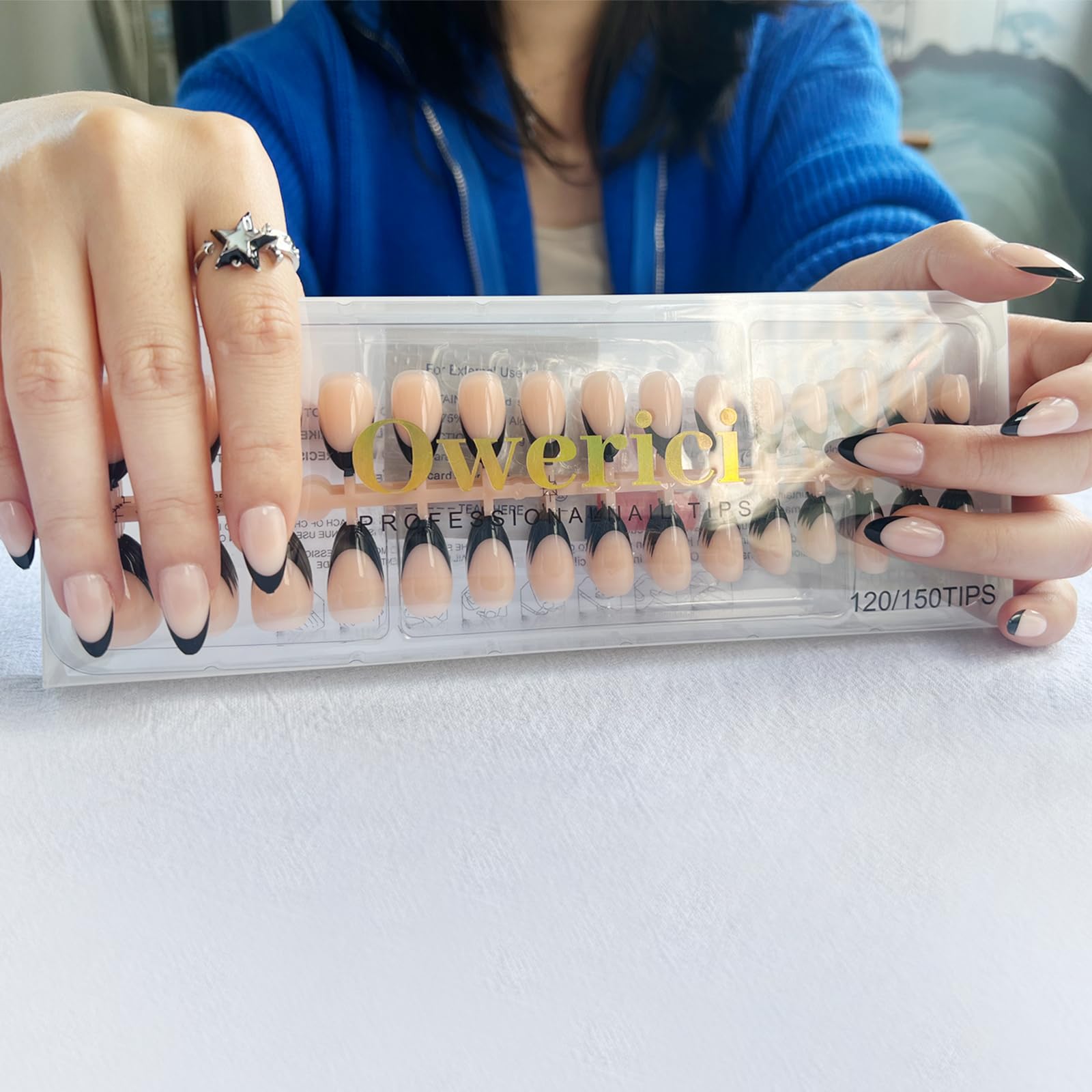 French Tip Press On Nails Almond Shape - Short Reusable Fake Nails Kit for Women (30 Pcs, Black French 120) - 15 Sizes, Natural Look, Easy Glue On - Perfect for Parties, Weddings & Everyday Wear
