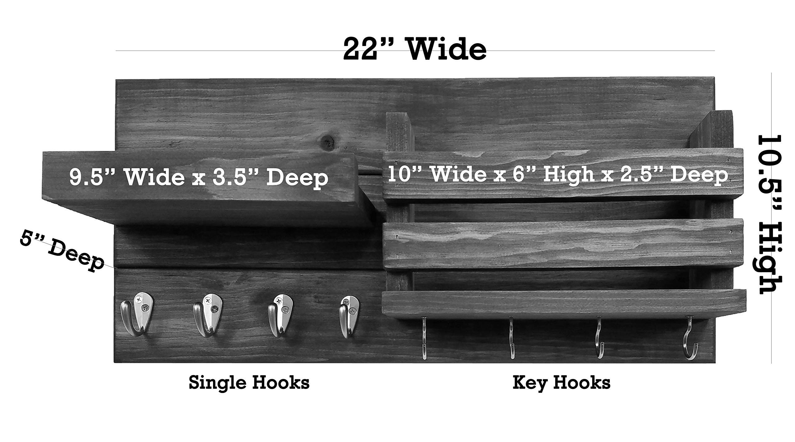 Farmhouse Rustic Wall Mount Organizer with Key & Coat Hooks - Handmade in USA - 20 Custom Colors (Slate Gray Shown) - Perfect for Entryway, Office & Home Organization - Mail Holder, Key Rack & Shelf Combo