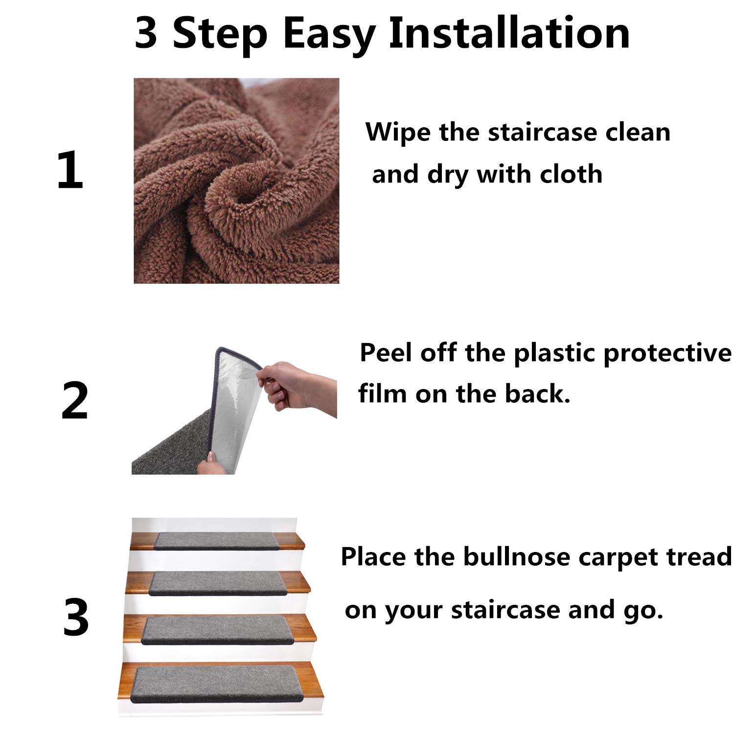 Non-Slip Bullnose Carpet Stair Treads - Self-Adhesive Skid Resistant Washable Stair Pads - 14-Pack Dark Grey 9.5