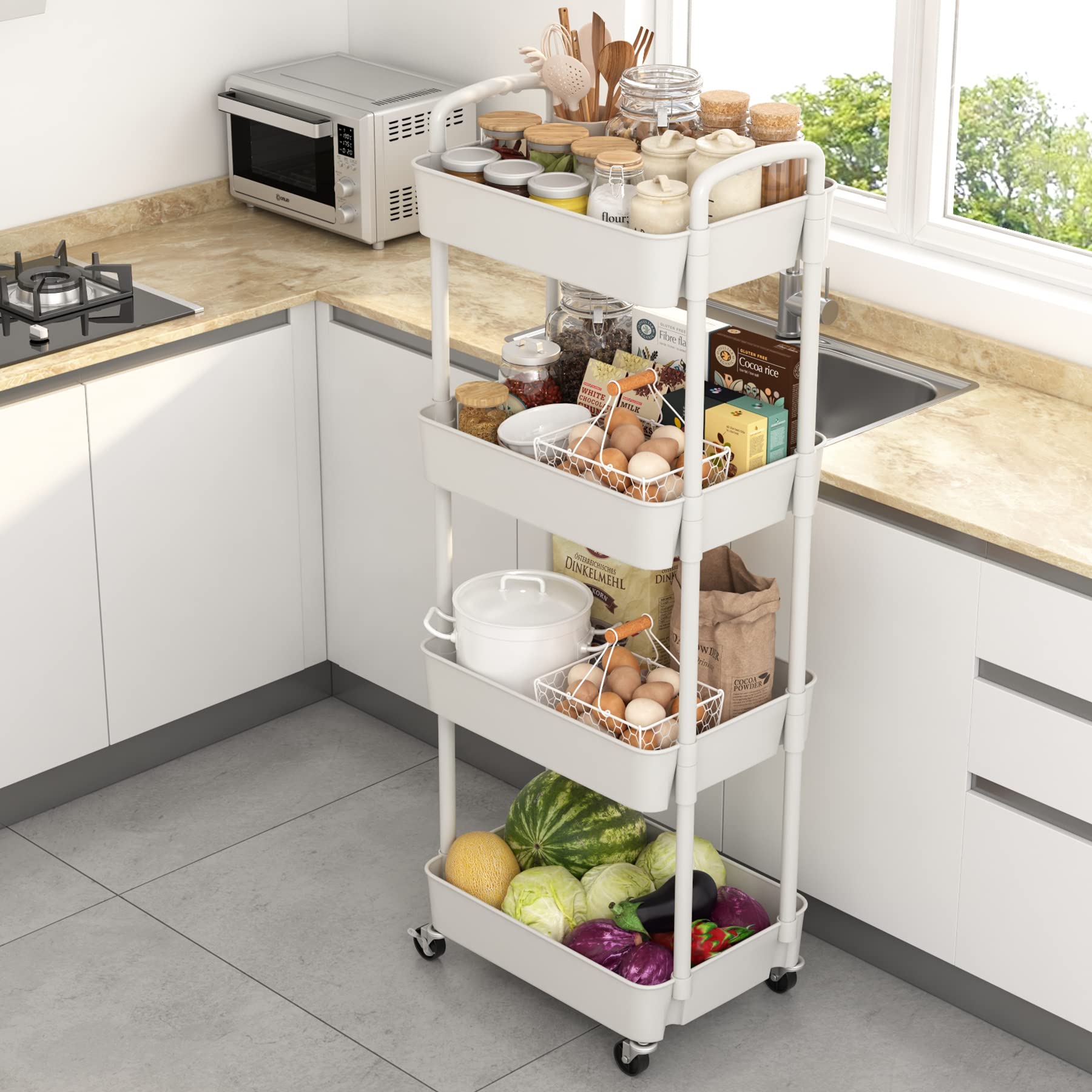 Sywhitta 4-Tier Rolling Storage Cart - White Mobile Kitchen Organizer with Wheels for Bedroom, Bathroom & Office | Perfect for Small Space Organization & Home Storage Solutions