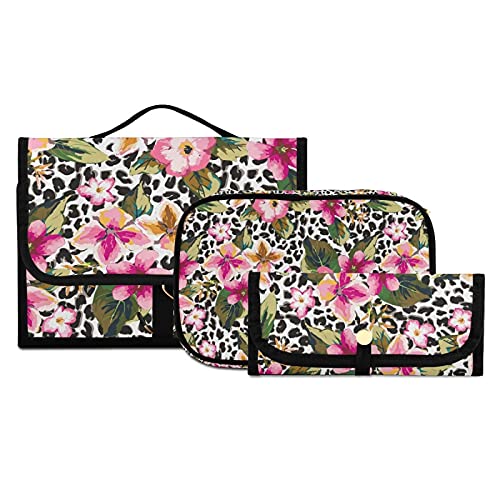 Premium 3-Piece Clear Travel Toiletry Bag Set - Tropical Flower & Leopard Print Hanging Cosmetic Organizer for Women | Perfect for Vacation, Gym, Camping & Airplane Carry-On