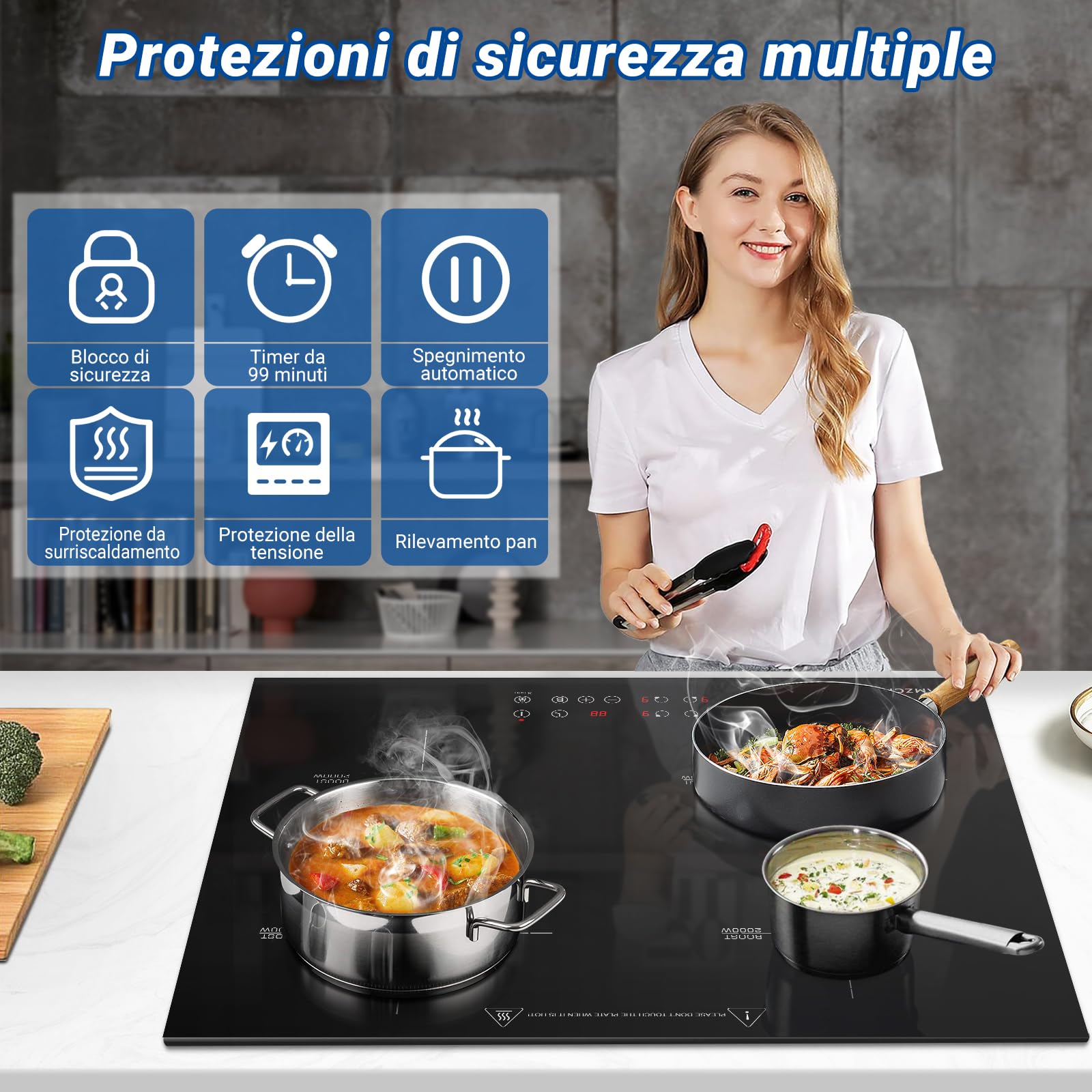 AMZCHEF 60cm 4-Burner Induction Cooktop with Boost Function, 9 Power Levels, Safety Lock, Touch Control, Timer - 7200W for Fast & Efficient Cooking - Perfect for Home Kitchens, Restaurants & Outdoor Use