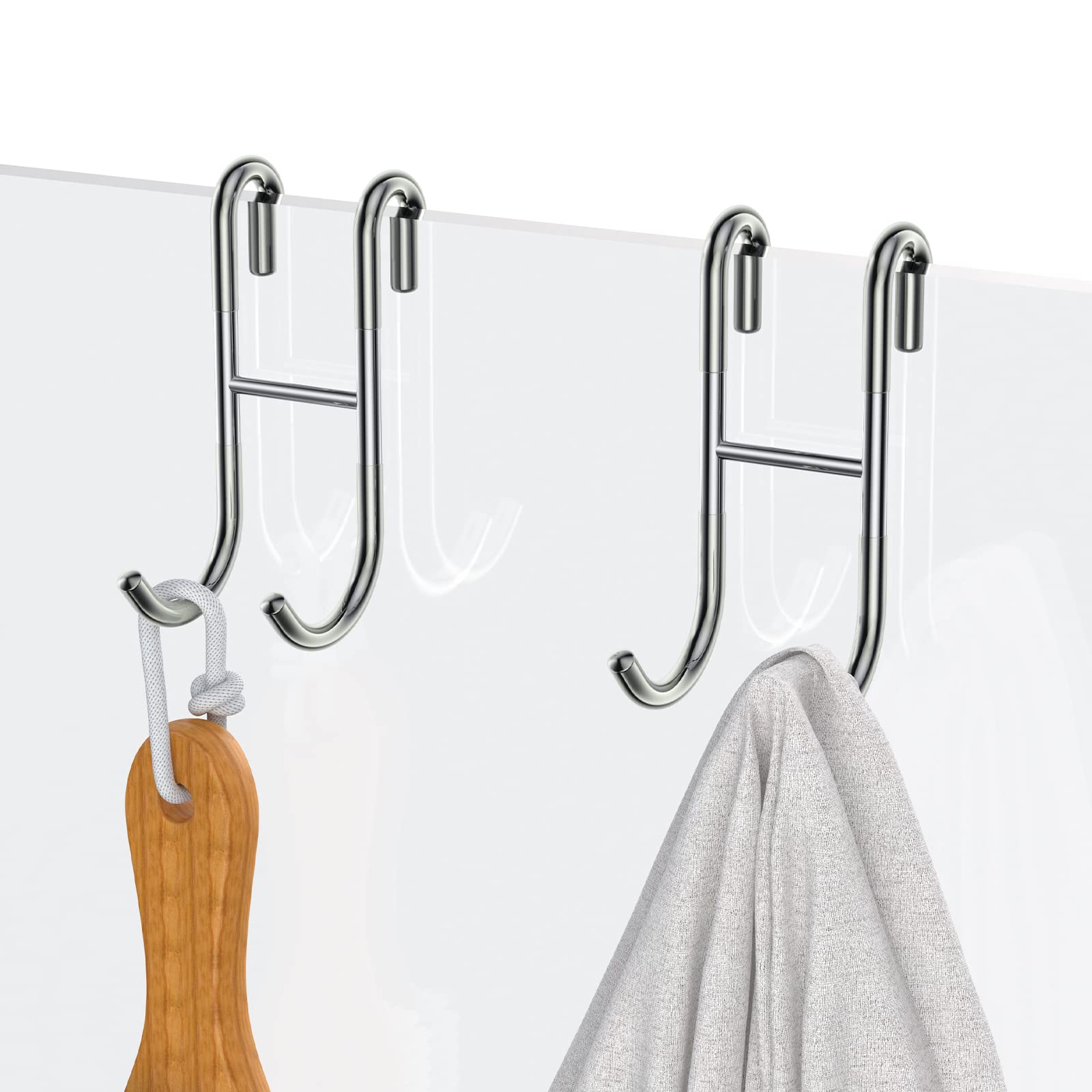 2 Pack Silver 304 Stainless Steel Over Shower Glass Door Hooks - No Drill Bathroom Hanger for Towels, Robes, Bathing Suits & Accessories - Rustproof Frameless Shower Organizer for Spa, Gym & Home Use