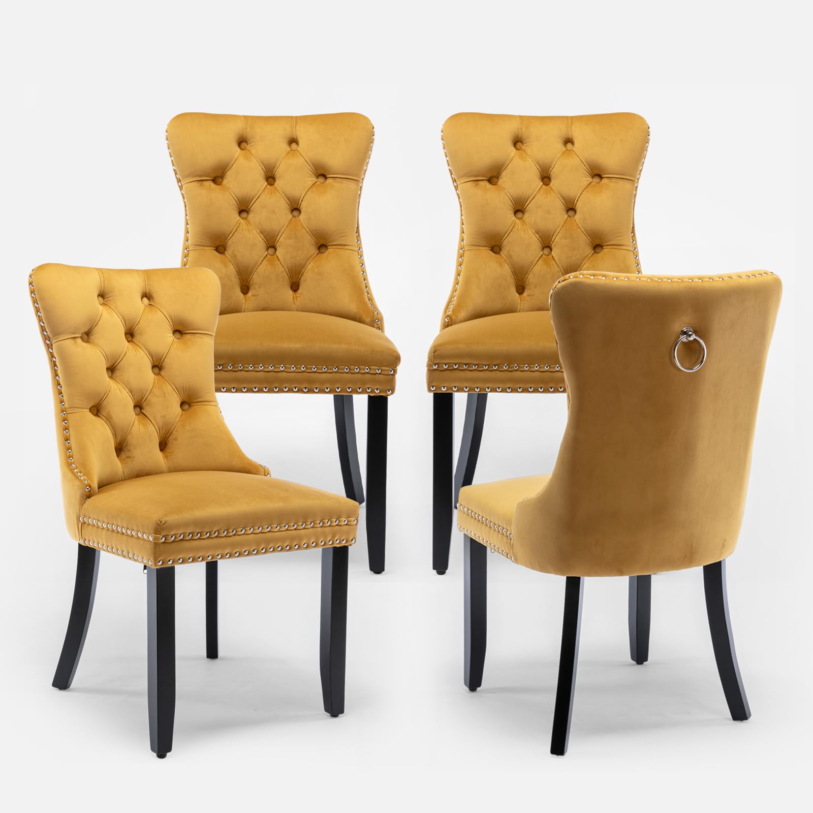 Velvet Upholstered Dining Chairs Set of 4 - Modern Kitchen Side Chairs with Nailhead Trim & Solid Wood Legs, Gold Metal Pulling Ring for Dining Room, Living Room, Kitchen Island - Comfortable Seating for Family Gatherings & Dinner Parties