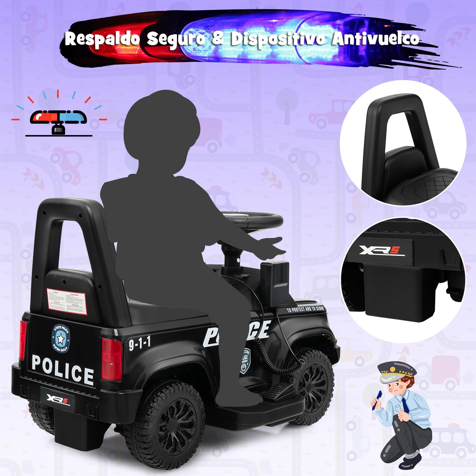 COSTWAY 6V Kids Electric Police Car with Side Megaphone, Horn, Alarm Light & Siren Sound - Wide Footrest Battery-Powered Ride-On Toy Vehicle for Children Ages 1.5-5 Years (Black) | Perfect for Outdoor Play, Birthday Gifts & Pretend Police Adventures