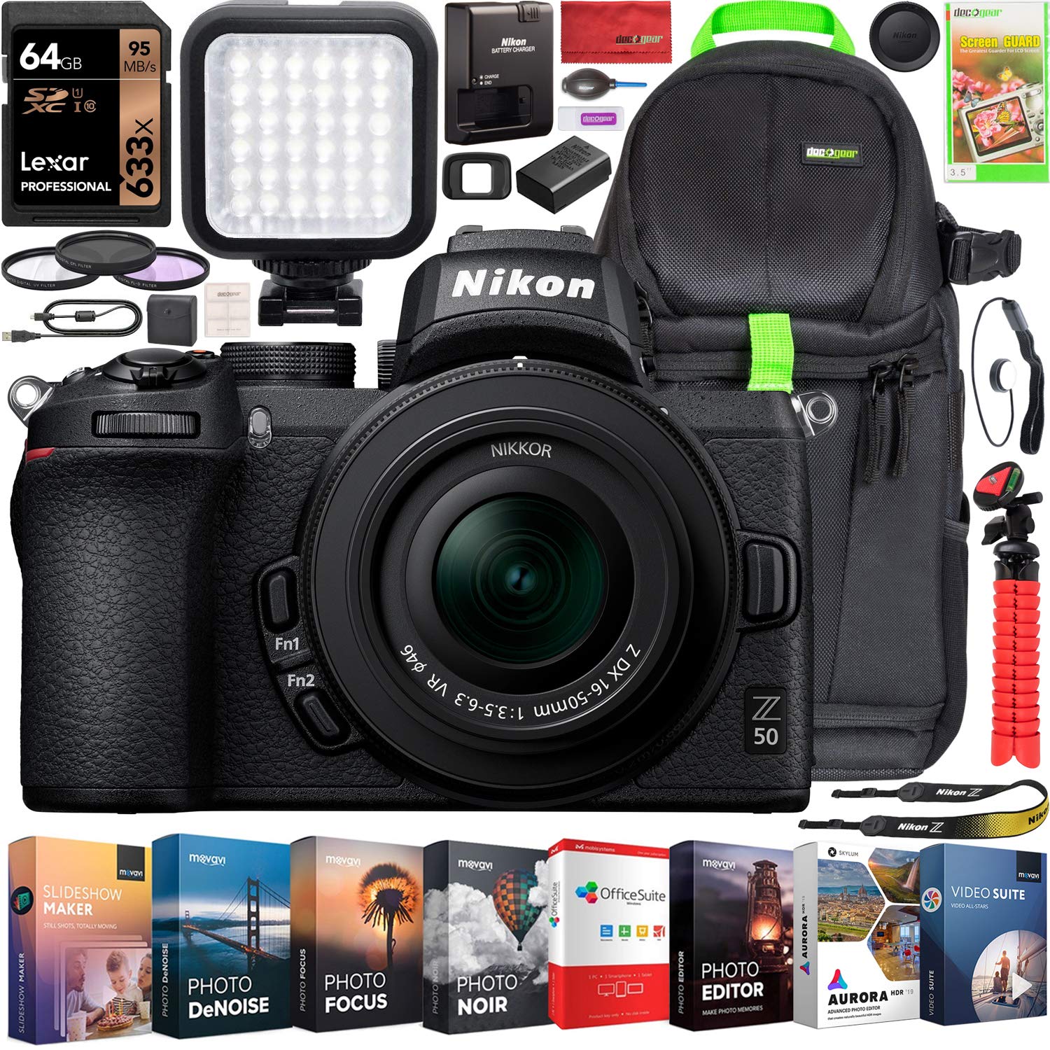 **Nikon Z50 Mirrorless Camera Bundle with 16-50mm Lens, 4K UHD Video, VR Stabilization – Includes Backpack, LED Light, Tripod, 64GB Card & Accessories – Perfect for Travel, Vlogging & Photography**