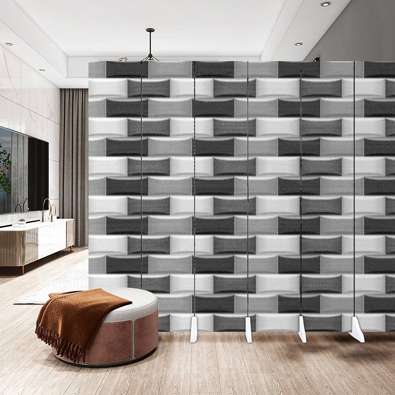 3D Elevation Canvas Room Divider Screen - Wooden Tiles Decor in Grey | 6-Panel Folding Privacy Partition for Bedroom, Office & Living Space | Modern Room Separator & Wall Decor