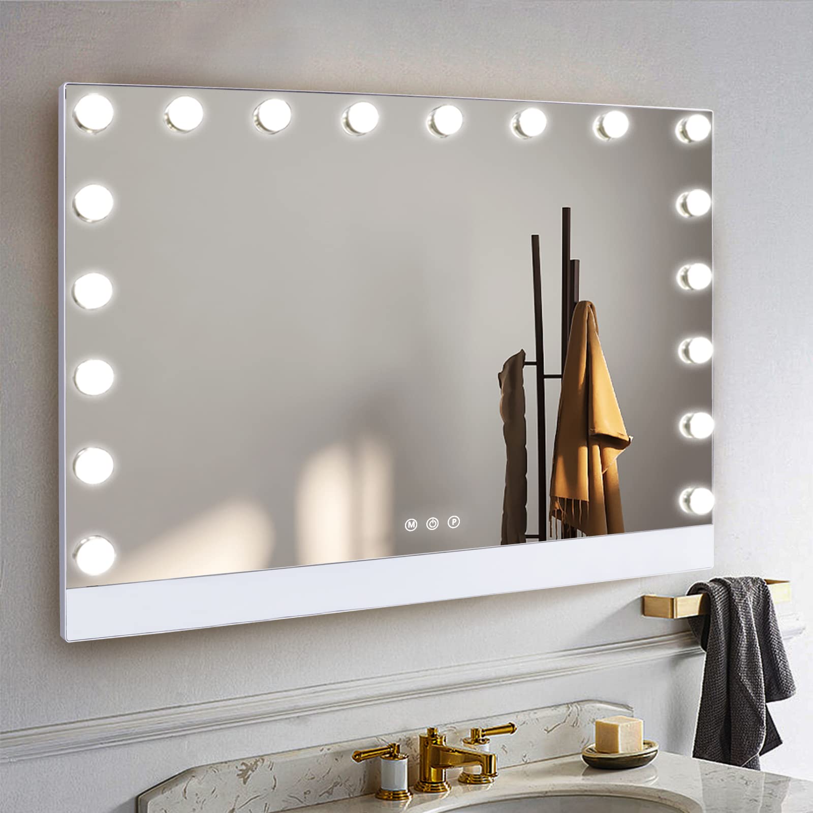 COOLJEEN 32x24 Inch Ultra-Thin Hollywood Vanity Mirror with 18 LED Lights, Selfie Remote Control & Magnetic Phone Holder - Large Wall Mount or Tabletop Makeup Mirror for Dressing Room, Bedroom, and Professional Makeup Studio