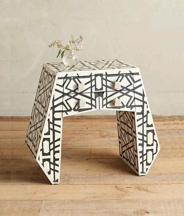 Handmade Bone Inlay Geometric Design Three Drawer Side Table - Black & White Accent Furniture for Living Room, Bedroom & Office Decor