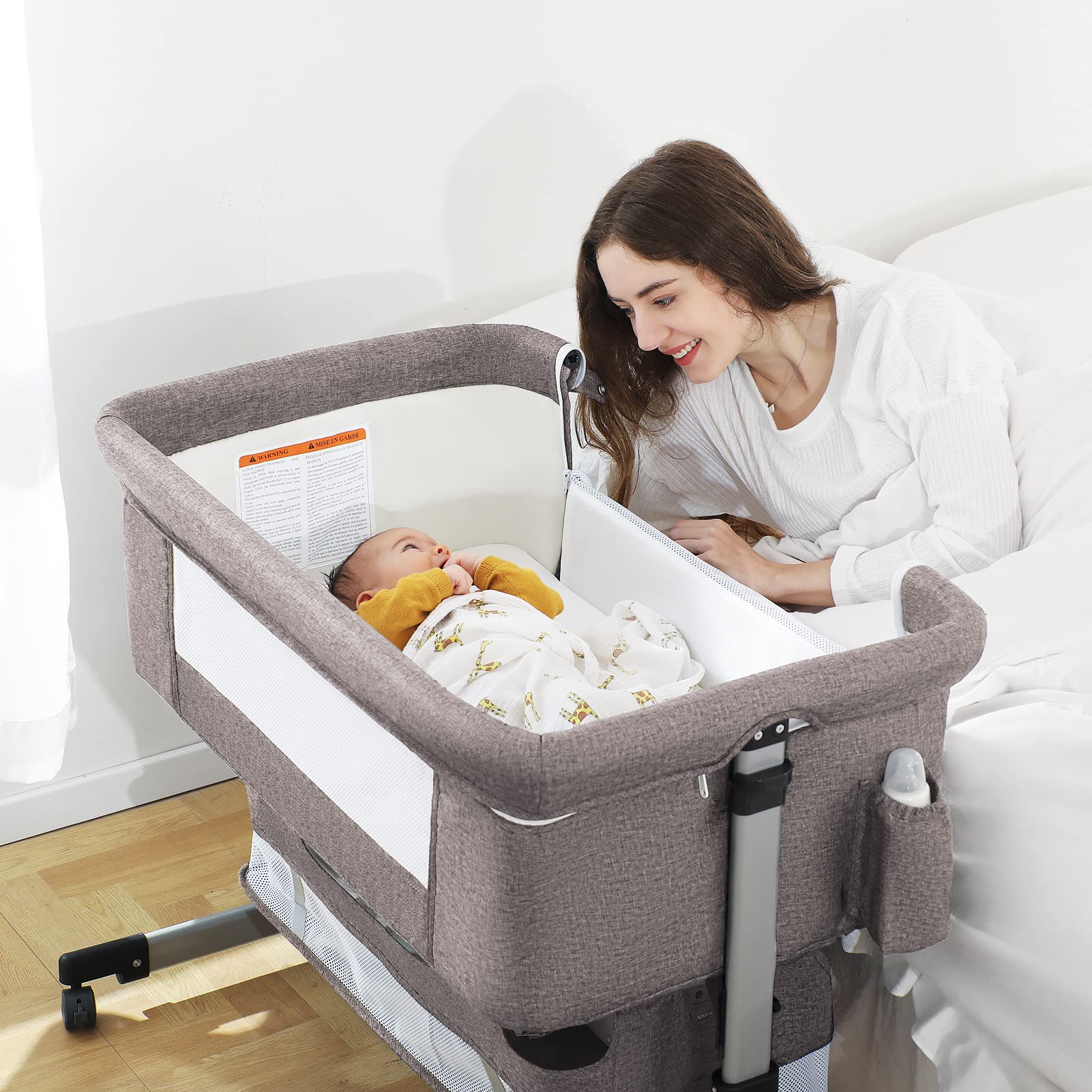 iHoming Portable Baby Bassinet Bedside Sleeper - Adjustable Newborn Crib with Storage Basket & Easy Folding Design - Perfect for Nursery, Bedroom & Travel (Khaki)