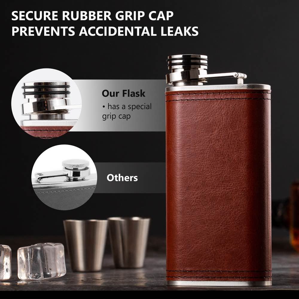 Brown PU Leather 8oz Grip Cap Pocket Flask with Funnel (2-Pack) - Perfect for Bourbon, Whiskey & Outdoor Adventures | Camping, Hiking, Travel & Gifts