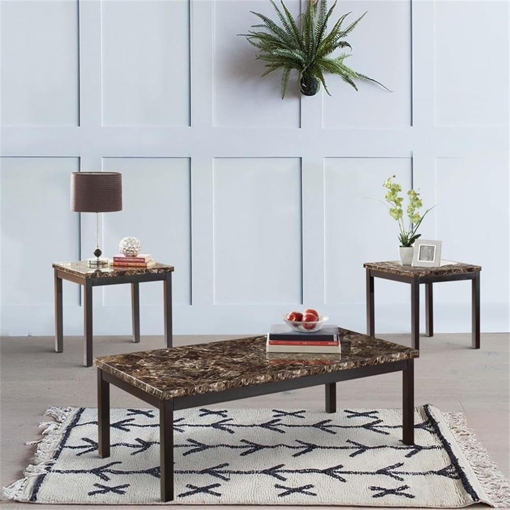Homelegance Tempe 3-Piece Faux Marble Coffee Table Set with Side Tables - Brown - Perfect for Living Room, Lounge & Office Decor