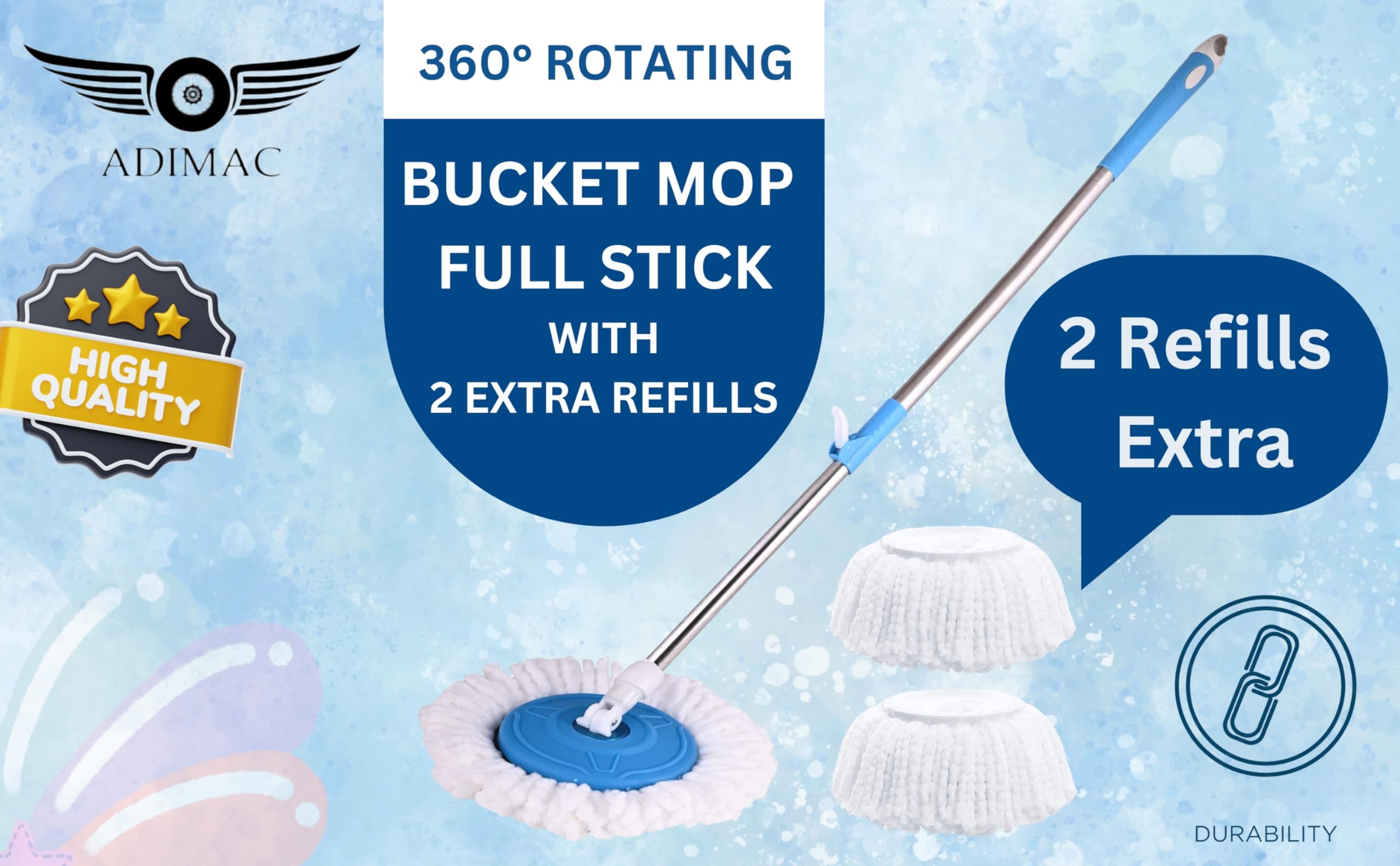 ADIMAC Heavy Duty 360 Degree Rotating Mop Stick - Stainless Steel & Plastic Mop Rod with 3 Refill Pads for Floor Cleaning | Perfect for Home, Office, Kitchen, Bathroom & Hard Surface Floors