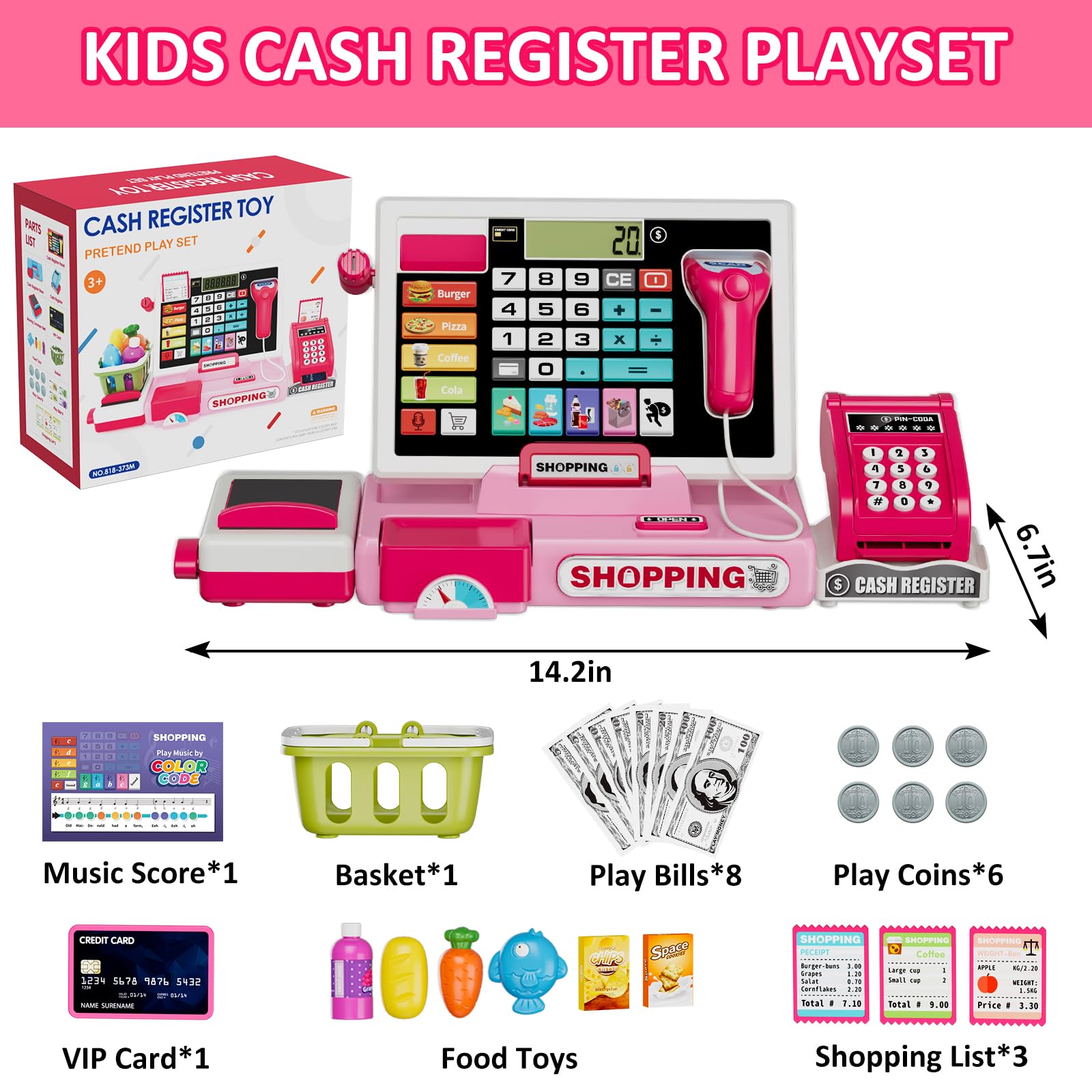 Kids Pretend Play Cash Register Toy with Realistic Calculator, Scanner, Credit Cards & Play Money - Educational Role Play Toy for Toddlers & Preschoolers - Perfect for Birthday Gifts & Classroom Learning (Pink)