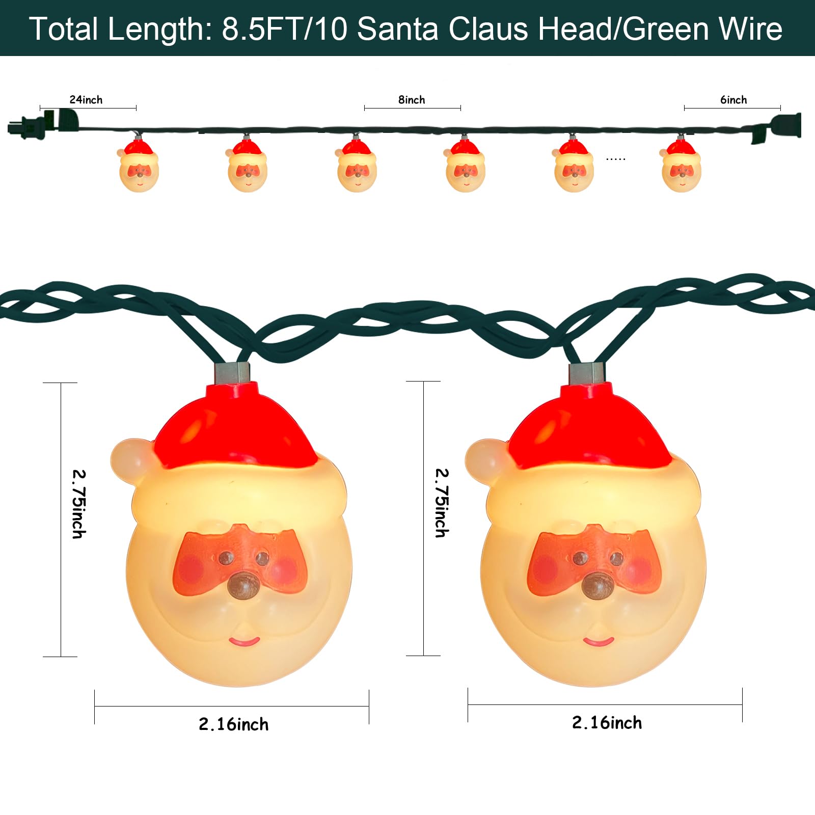 SUNSGNE 8.5FT Christmas Santa Claus String Lights - 10 Cute Cartoon Santa Head LED Lights with Green Wire, Connectable Indoor Holiday Decor for Home, Party, Xmas Tree, Fireplace & Window Decoration