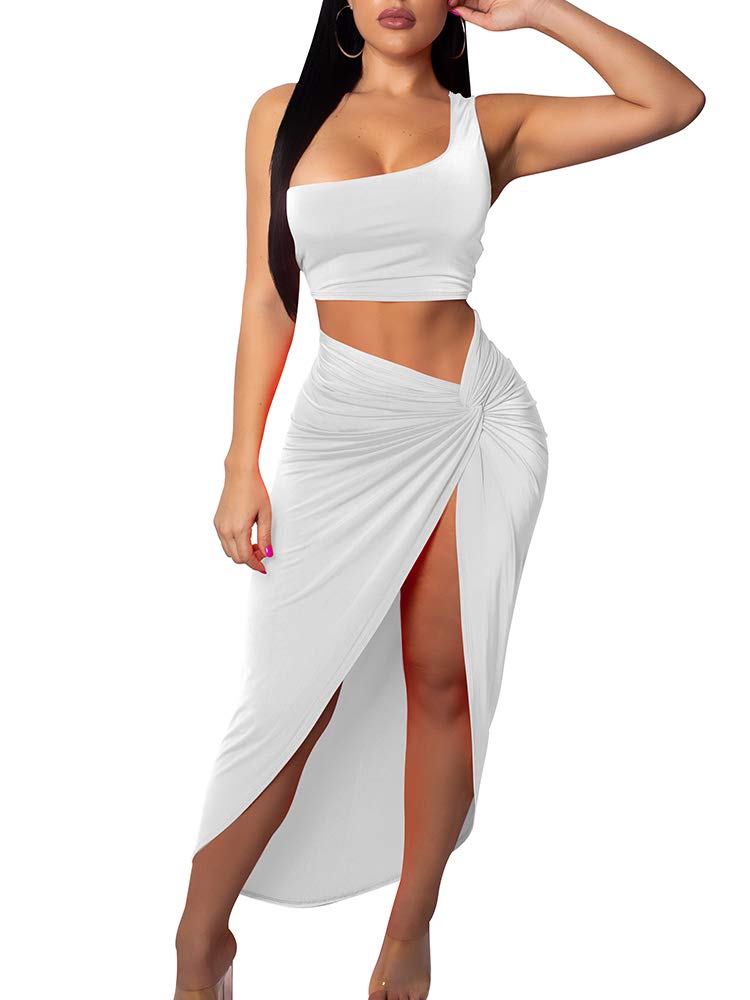 BEAGIMEG Women's Sexy One Shoulder Long Bodycon Slit Skirt 2-Piece Dress Set - Elegant Night Out & Party Wear for Club, Date Night, and Special Occasions