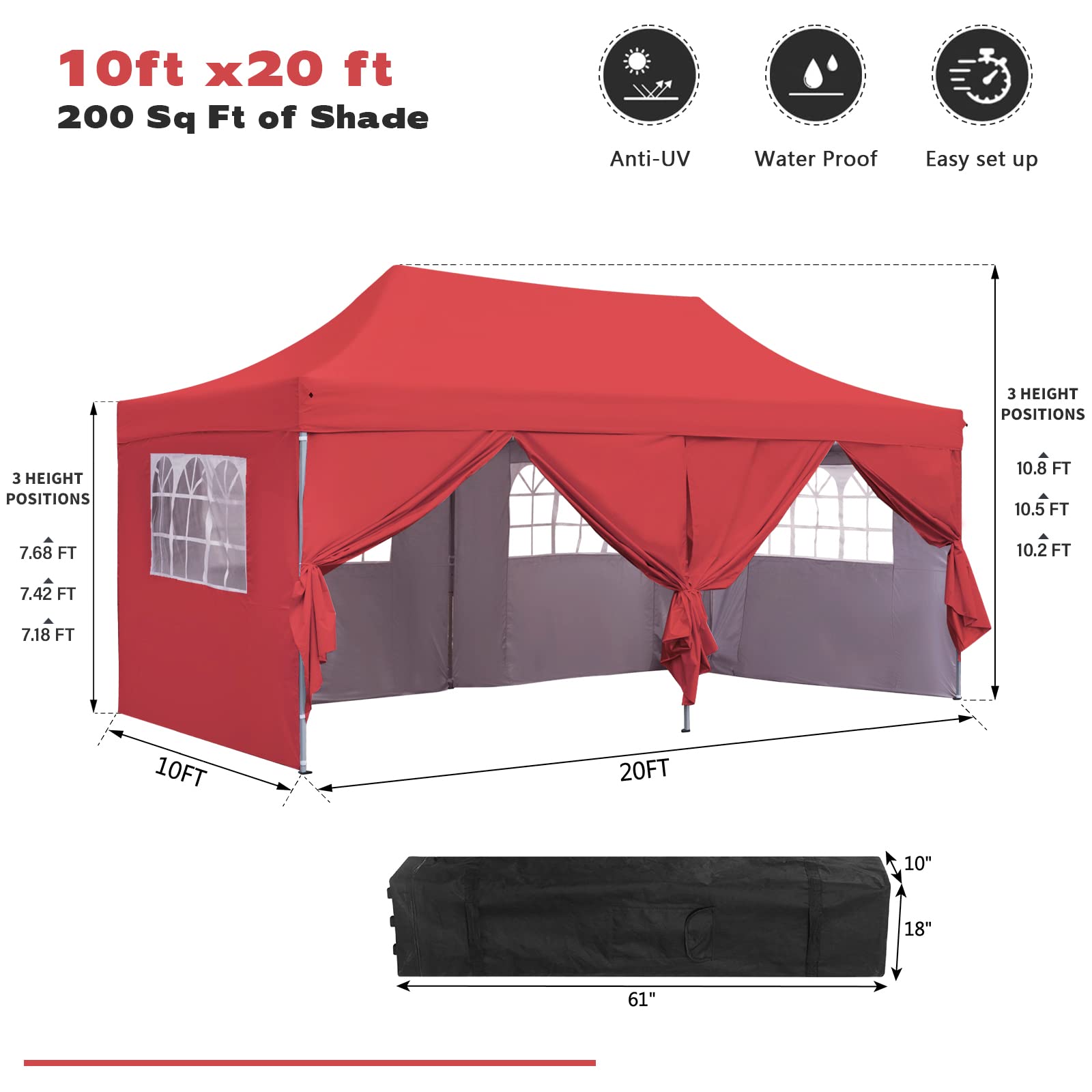 10x20 ft Instant Pop Up Canopy Tent - Heavy Duty Waterproof Gazebo with Removable Sidewalls & Wheeled Carry Bag - Perfect for Outdoor Parties, Camping, and Backyard Events (Red)