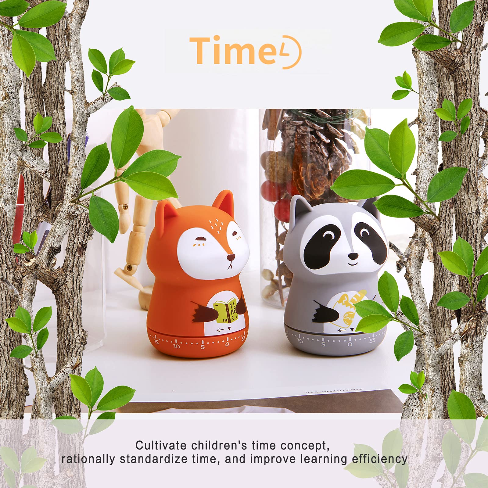 2 Pack Cute Animal Kitchen Timer - 100% Mechanical Cooking Timer for Kids & Adults - 60 Minute Egg Timer for Baking, Studying, Workouts (Fox & Raccoon Design) - Perfect for Home, School & Gym Use