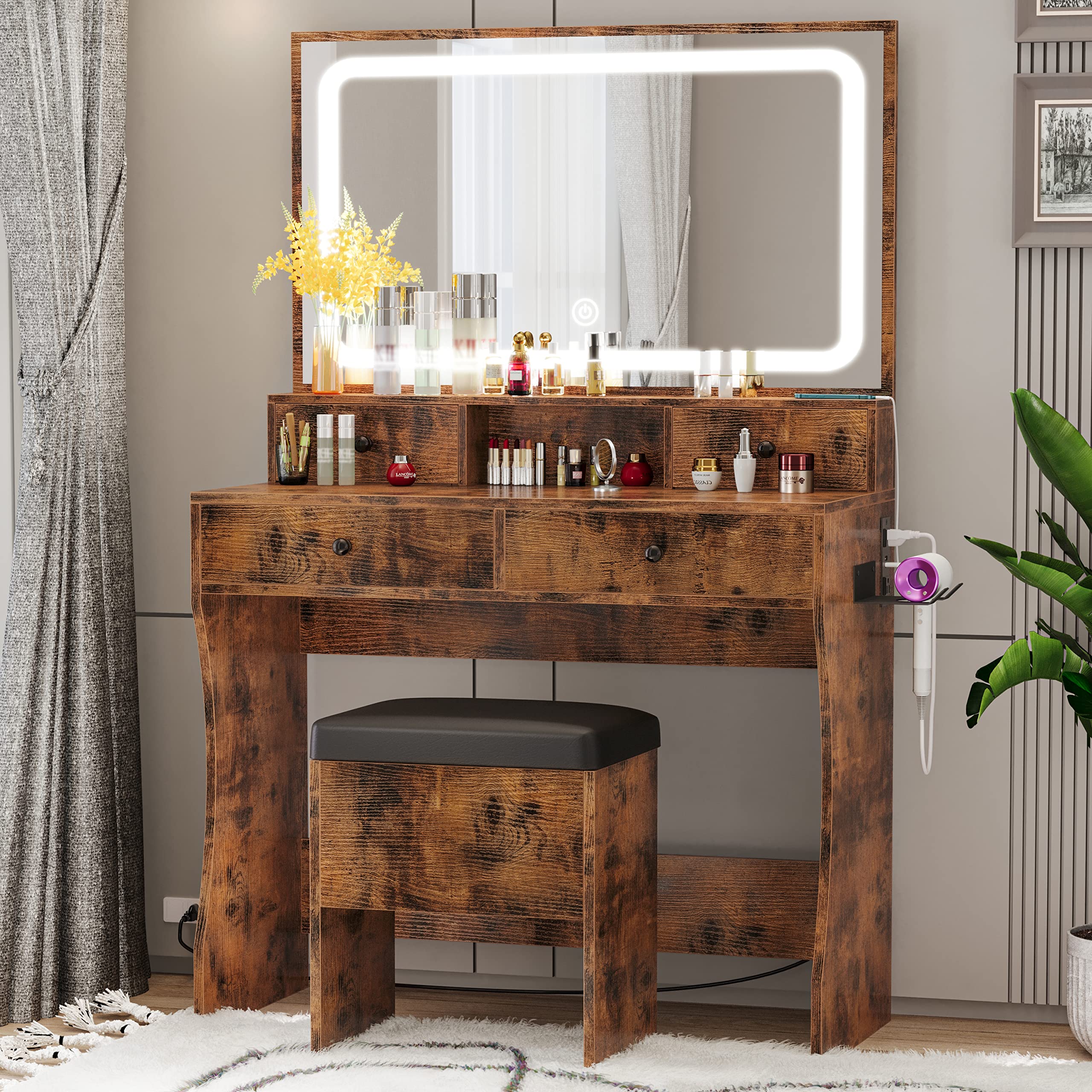 LIKIMIO Vanity Desk with LED Lighted Mirror, Power Outlet, 4 Drawers & Stool - Vintage Brown Dressing Makeup Table Set with Hair Dryer Stand | Perfect for Bedroom, Bathroom & Salon Organization