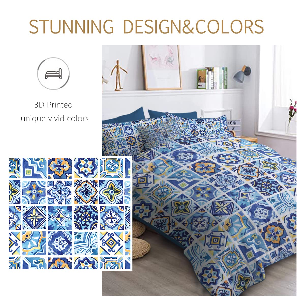 BlessLiving 8-Piece Mediterranean Tile Comforter Set - Full Size Navy & Yellow Down Alternative Bedding | All-Season Traditional Bed in a Bag with Comforter & Sheets | Perfect for Guest Rooms, Vacation Homes & Coastal-Themed Bedrooms