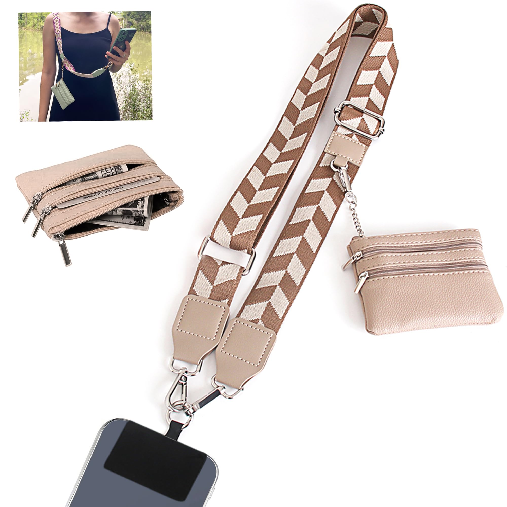 Adjustable Crossbody Phone Strap with Zippered Wallet Pouch - Universal Clip and Go Strap for All Smartphones (Khaki) - Perfect for Hands-Free Shopping, Travel & Outdoor Activities
