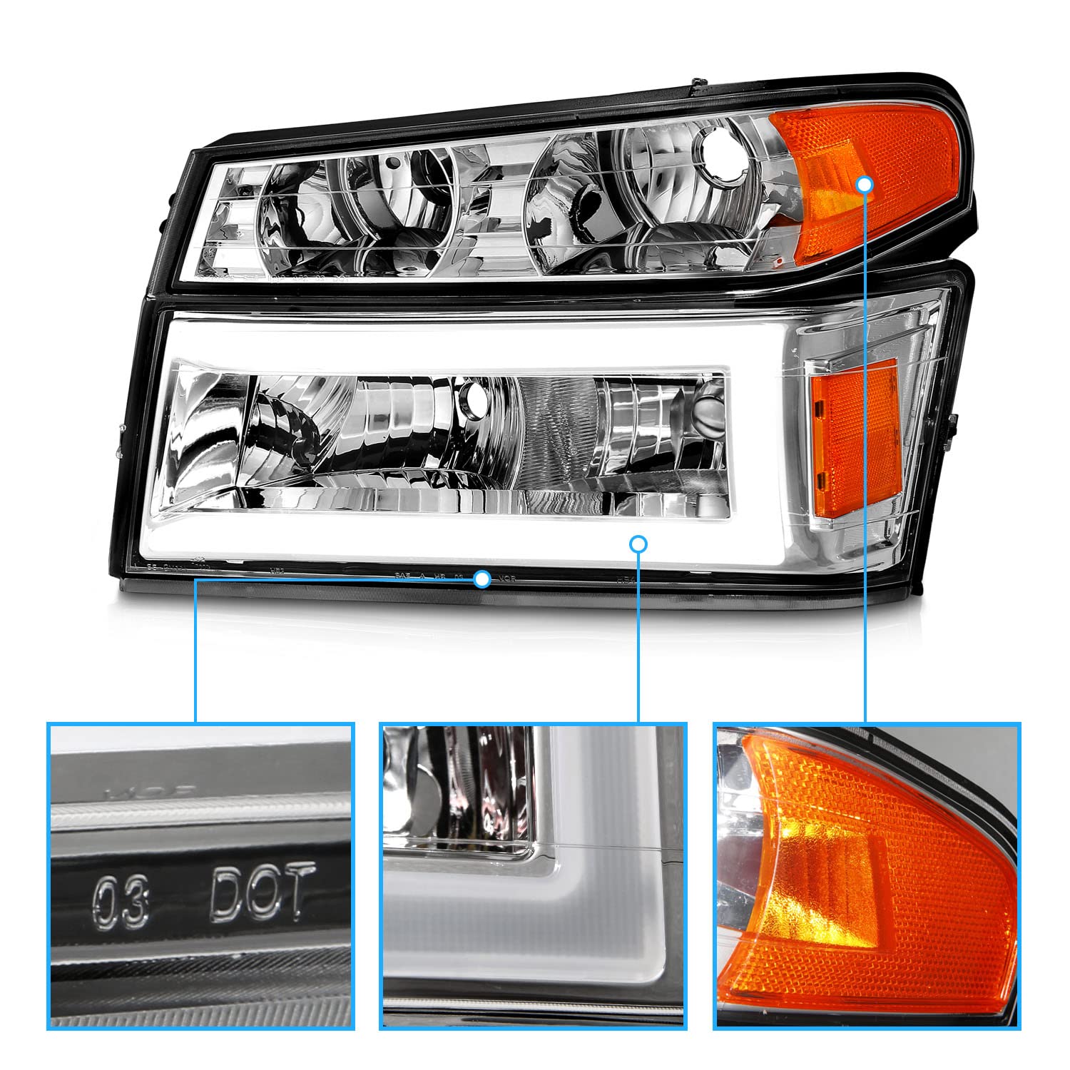 AmeriLite LED Headlights for 2004-2012 Chevy Colorado & GMC Canyon - C-Shape LED Tube Replacement Headlights with Running Turn Signal Lamps (4-Piece Set) - Upgrade Your Truck's Style & Night Visibility