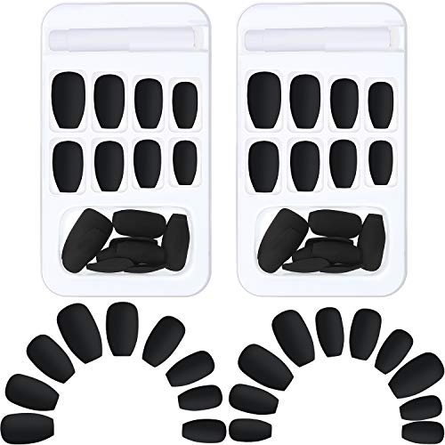 48Pcs Matte Black False Nails - Coffin Shape Full Cover Artificial Nails with 2 Nail Glues, 2 Nail Files & Wooden Stick - DIY Nail Art Kit for Women | Perfect for Home Manicures, Parties & Special Occasions