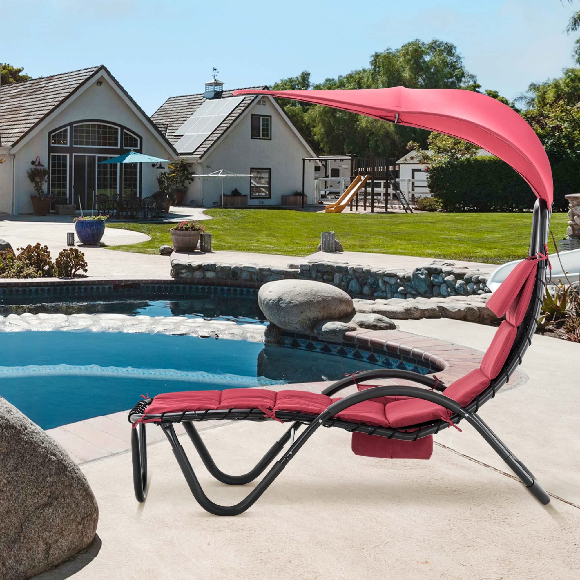 MCombo Outdoor Steel Chaise Lounge Chair with Removable Canopy & Cushions - Adjustable Reclining Patio Chair with Side Pocket & Arc Stand - Perfect for Beach, Poolside, Backyard, Balcony & Porch Relaxation (Burgundy, 4097) - Ideal for Sunbathing, Lounging & Outdoor Leisure Activities