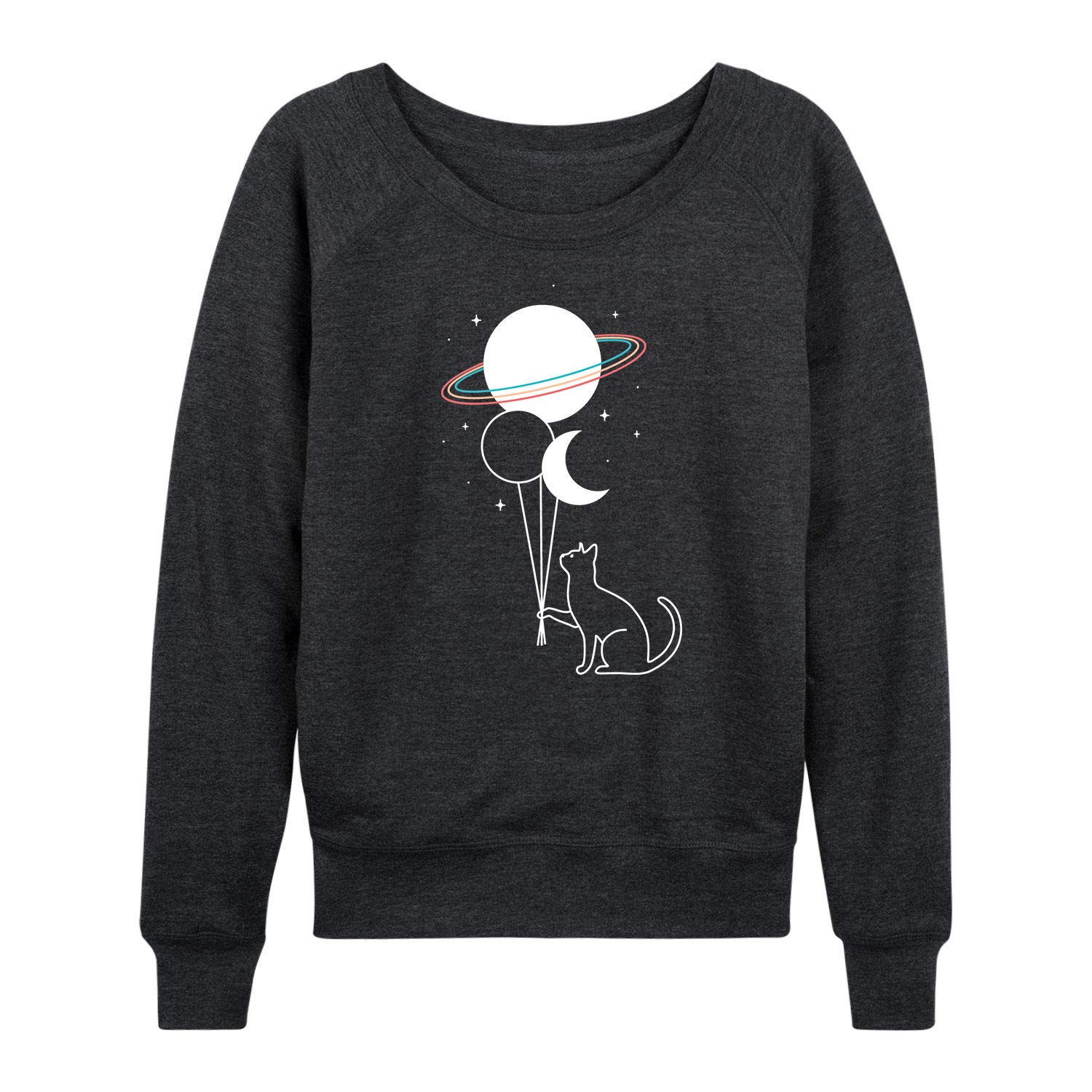 Women's French Terry Pullover with Cat & Planet Balloons Print - Cute Casual Sweatshirt for Women - Perfect for Lounge Wear, Street Fashion & Instagram Outfits