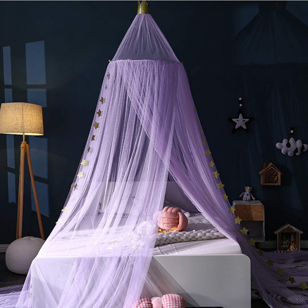 Eimilaly Princess Bed Canopy with Stars & Crown - 7-Door Mosquito Net for Girls' Room Decor | Purple Encrypted Fabric for Dreamy Bedroom Makeover (Perfect for Birthday Gifts & Sleepovers)