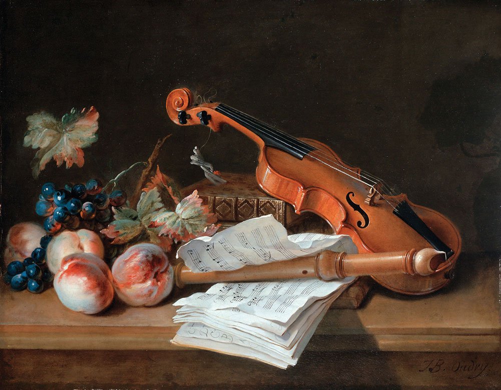 Jean-Baptiste Oudry Still Life Painting - Violin, Recorder & Fruit Art Print 24x30 Inch, Gallery Wrapped Canvas Wall Decor for Living Room, Bedroom & Office