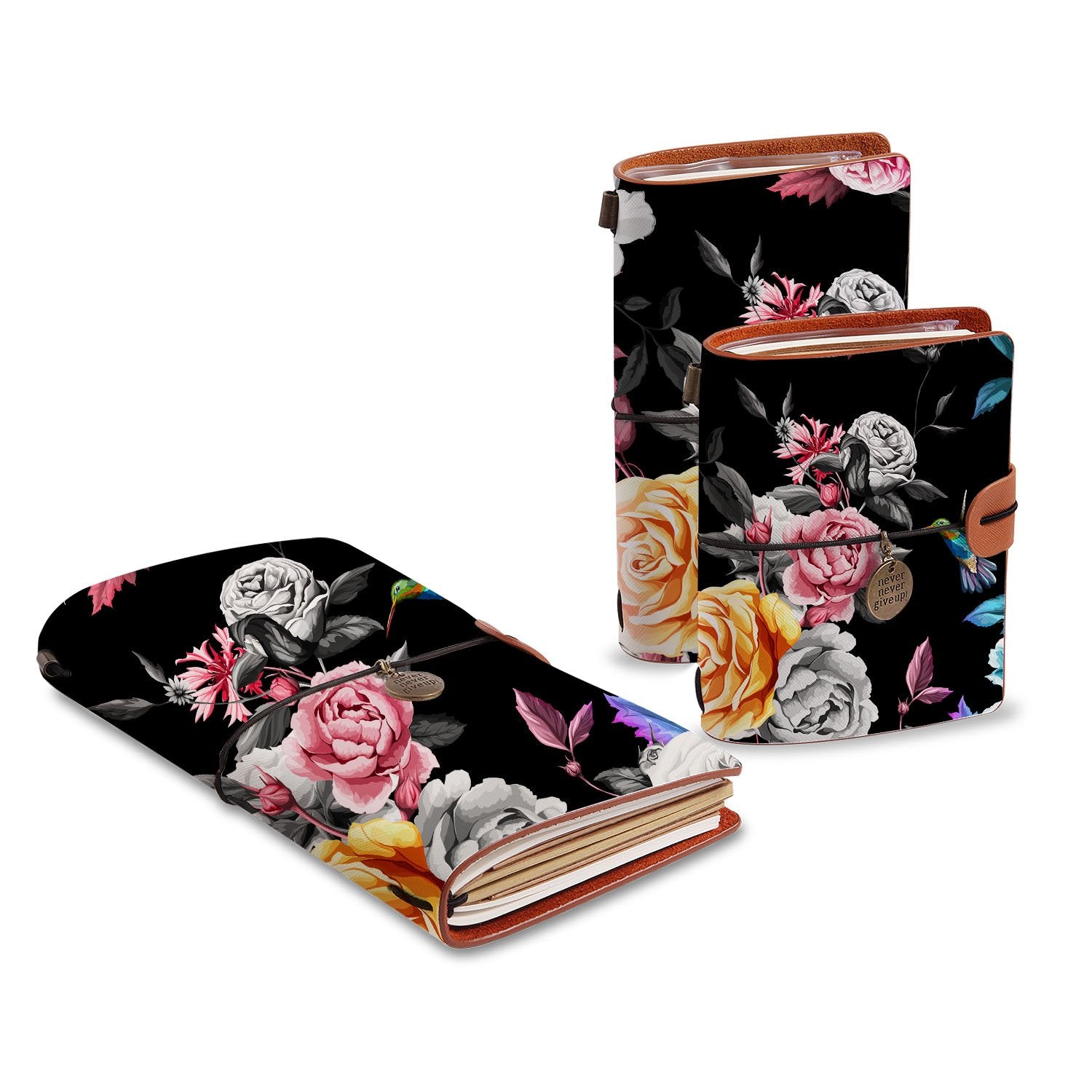 Premium Black Floral Traveler's Notebook - Leather Journal for Writing, Sketching & Planning | Perfect Gift for Travelers, Writers & Artists