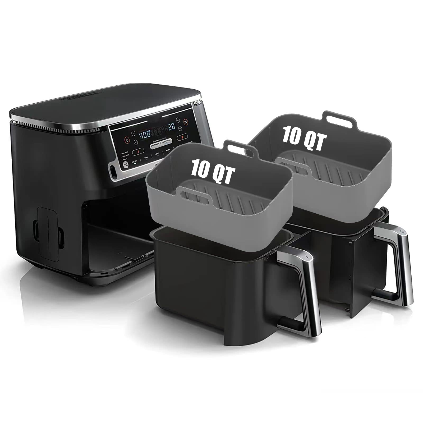 Ninja Dual Zone Air Fryer Silicone Liners 10QT - Reusable Food-Grade Accessories for DZ401/DZ550/DZ302, Ninja DoubleStack XL SL401/SL451 & Cosori 9QT 8-in-1 Dual Air Fryer - Perfect for Healthy Cooking, Baking & Frying - Gray