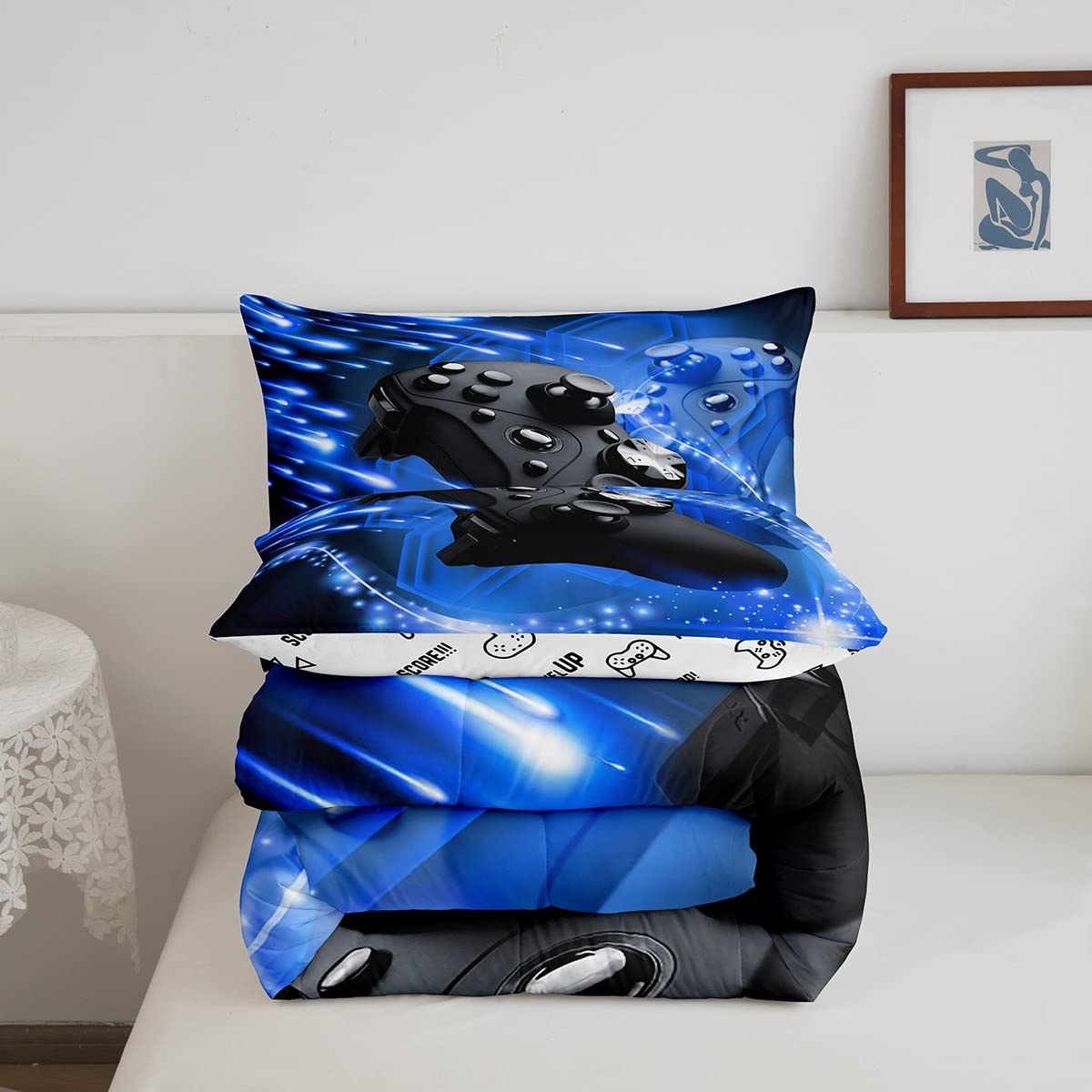 Erosebridal Teens Gamer Comforter Set - Twin Size Video Game Themed Bedding for Boys & Girls | Controller & Joystick Design Gaming Duvet Cover | Perfect for Bedroom, Living Room & Game Room Decor | Blue
