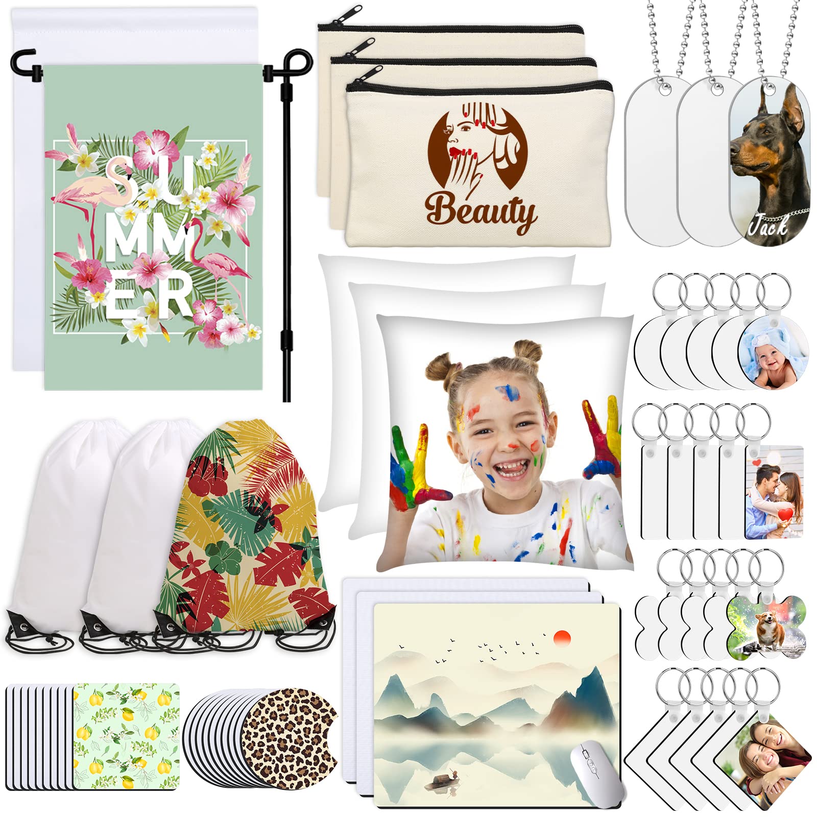 77PCS Sublimation Blanks Kit - Christmas Ornaments, Makeup Bags, Backpack, Dog Tags, Coasters, Keychains & Mouse Pads for DIY Crafts - Includes Instruction Manual - Perfect for Holiday Decorations, Personalized Gifts & Home Decor Projects