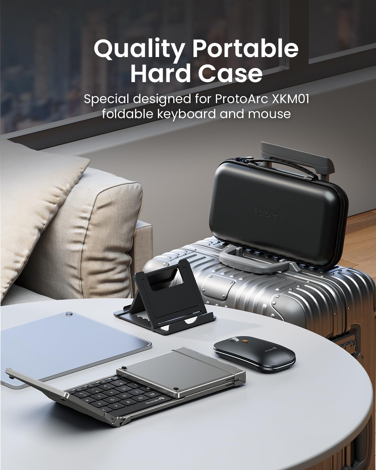 ProtoArc XKM01 Foldable Keyboard and Mouse Combo - Full-Size Wireless 2.4G/Dual Bluetooth Portable Keyboard with Mouse for Laptop, iPad, Tablet - Business & Travel Essential (Black Gray) - Perfect for Remote Work, Coffee Shops, and Airplane Tray Tables