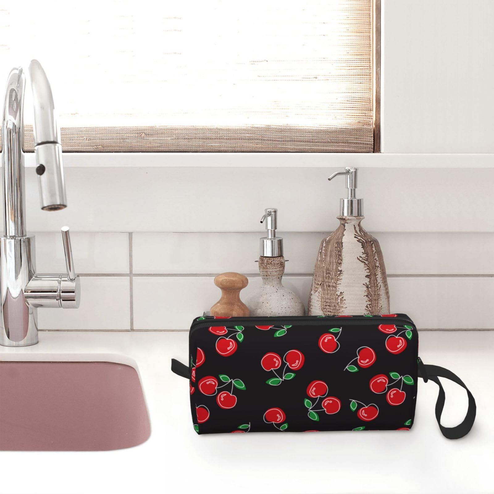 Red Cherry Black Makeup Bag Organizer - Small Cosmetic Travel Toiletry Bag with Handle - Portable Zipper Pouch for Women & Girls - Perfect for Travel, Gym, and Daily Essentials Storage