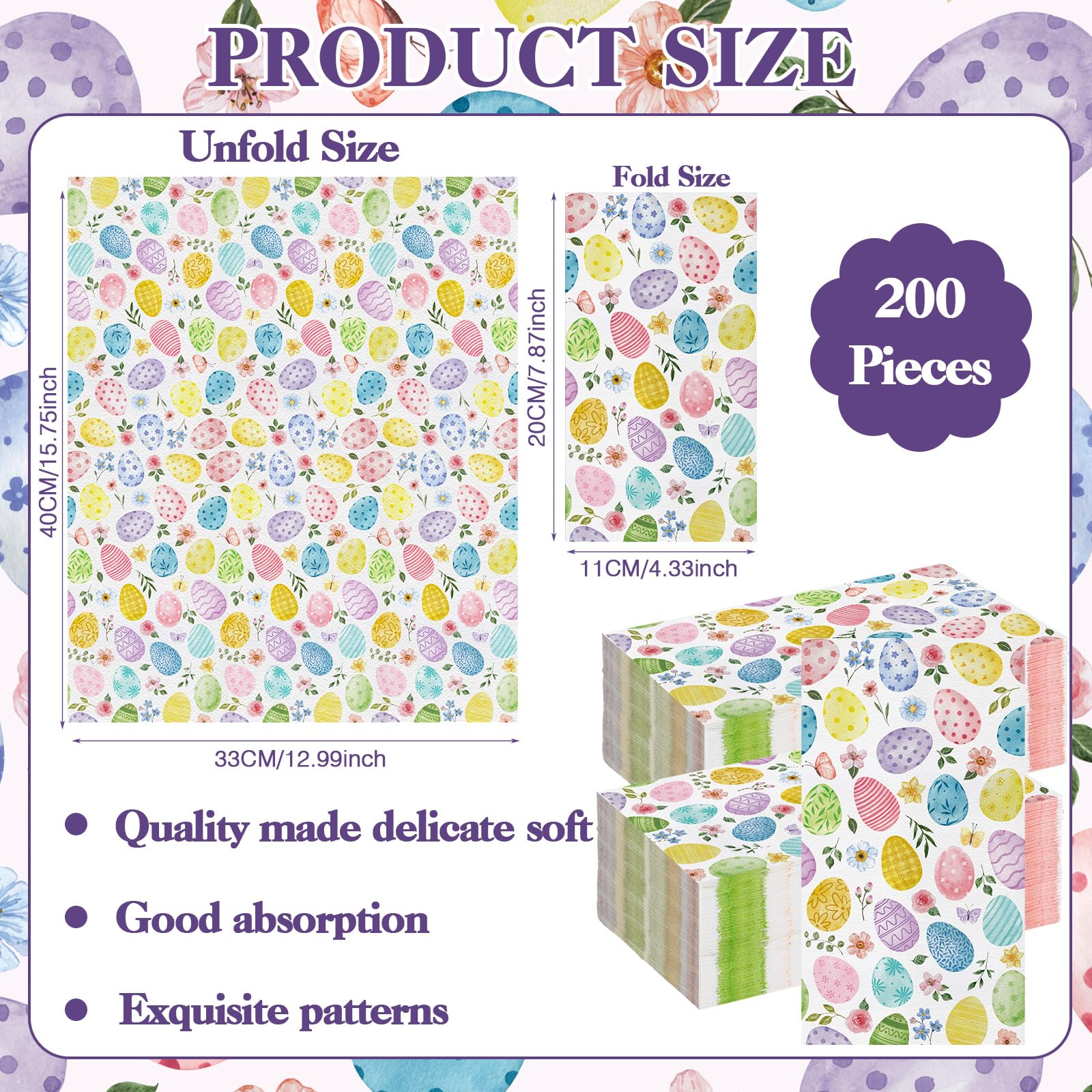 200-Pack Easter Bunny & Floral Disposable Napkins - Bulk Spring Party Paper Hand Towels for Home, Family Dinner, Easter Brunch & Holiday Decorations (Easter Egg Design)