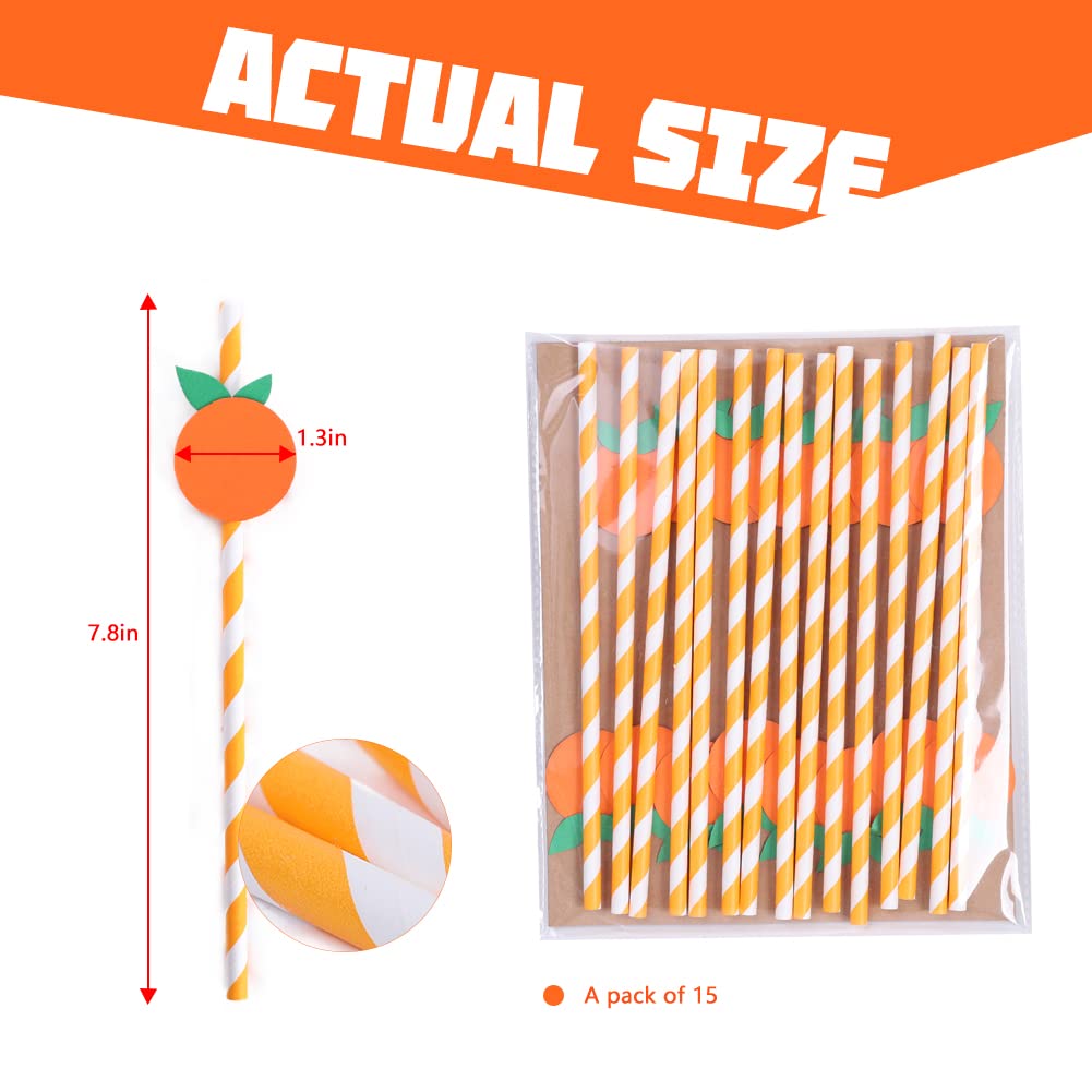 Eco-Friendly Orange Striped Paper Straws - Biodegradable Disposable Drinking Straws (15-Pack) | Perfect for Baby Showers, Birthday Parties & Sustainable Events | Little Cutie Themed Decorations