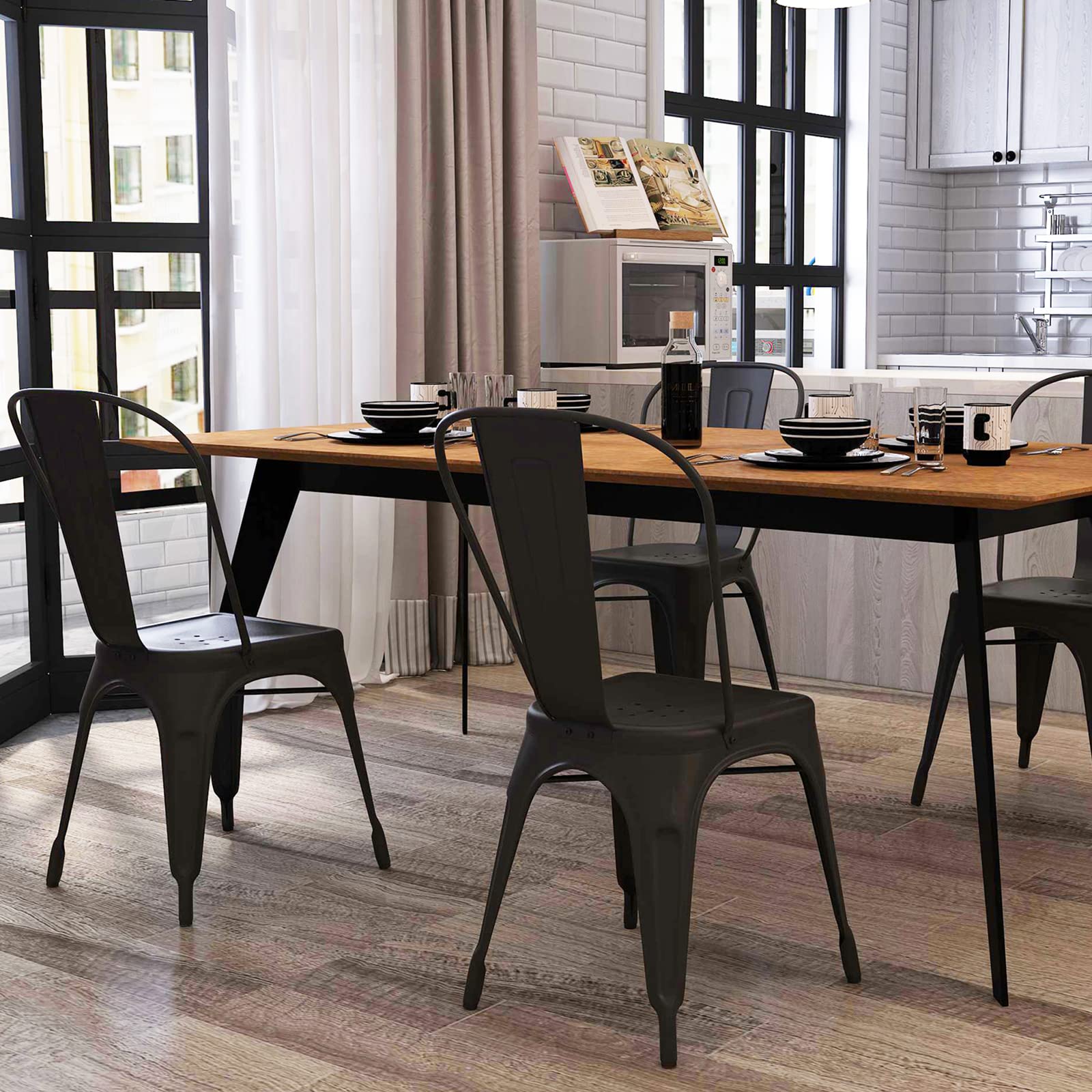 Hironpal 4-Pack Stackable Metal Dining Chairs with Detachable Backrest - Matte Black Tolix Style Chairs for Kitchen, Dining Room, Bistro & Cafe | Indoor & Outdoor Use, Commercial & Home Decor