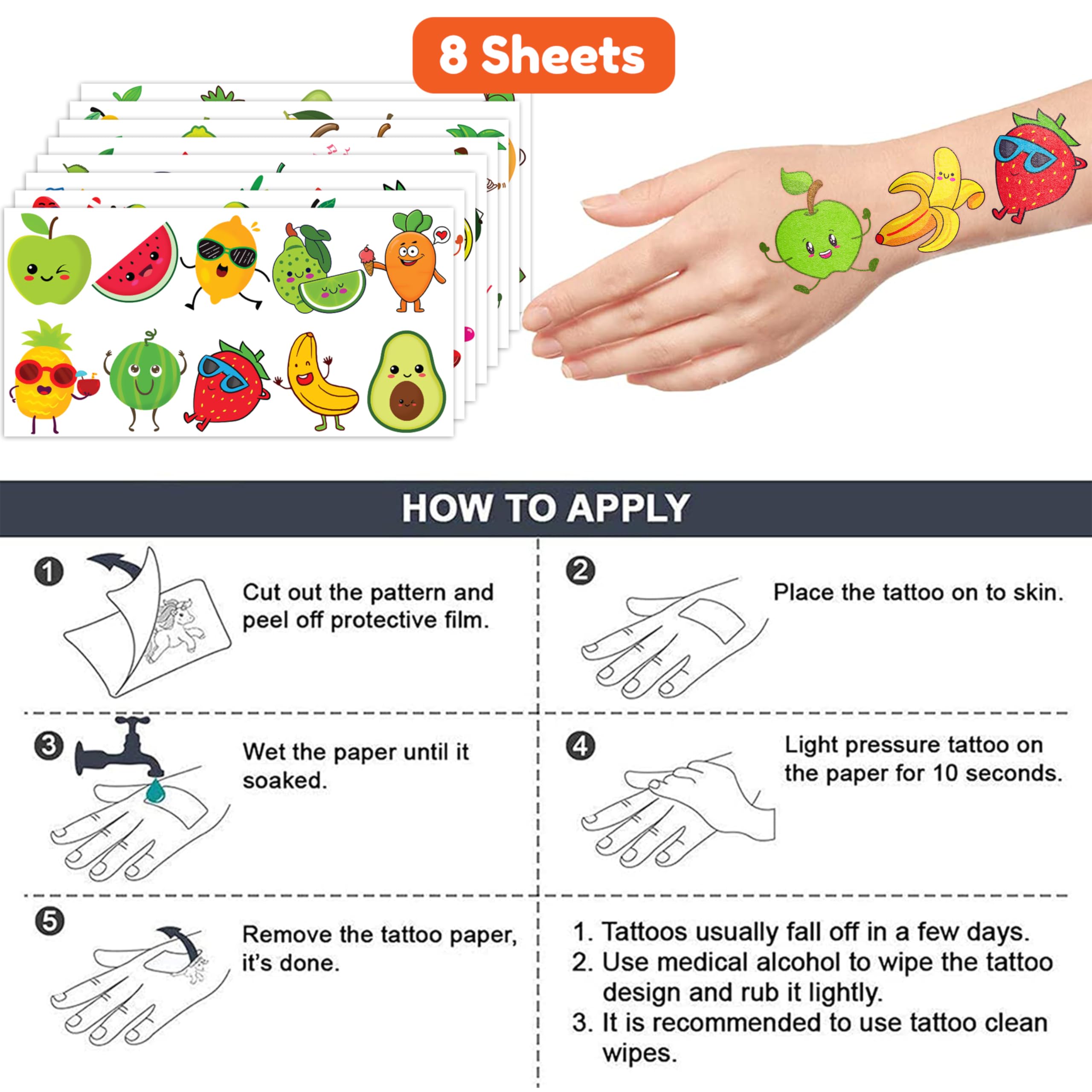 96PCS Fruit Temporary Tattoos for Kids - Summer Party Favors, Cute Lemon Orange Strawberry Watermelon Stickers, Fun Birthday Supplies & School Prizes | Perfect for Pool Parties, Beach Events & Classroom Rewards