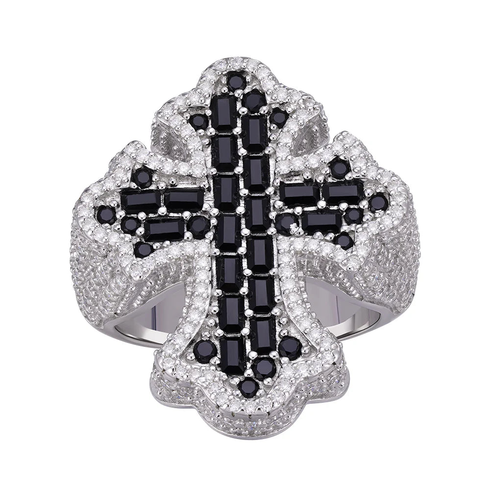 Black Cross Ring for Men - 925 Sterling Silver Moissanite Hip Hop Jewelry - Perfect for Gifts, Streetwear & Punk Fashion